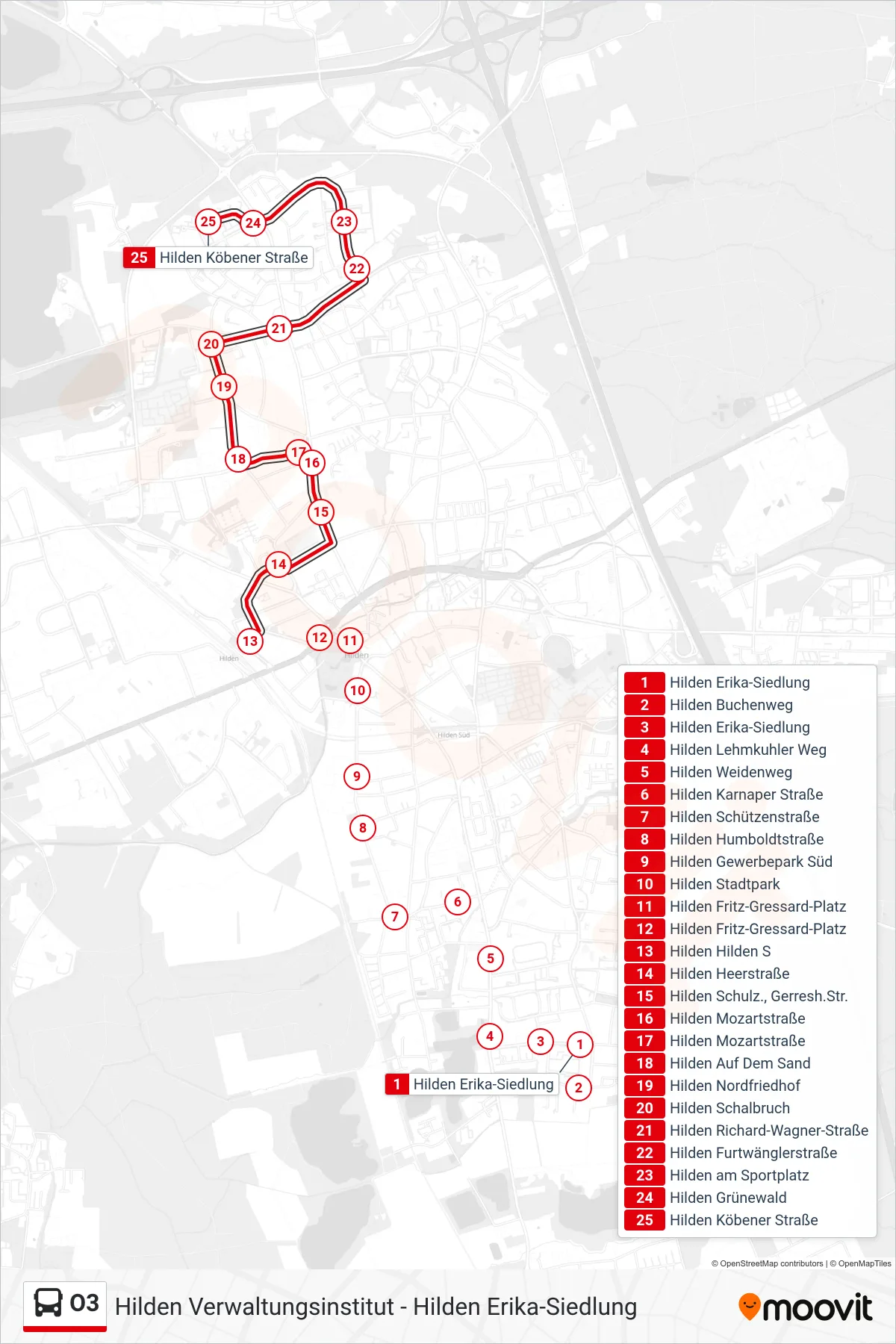 O3 bus Line (Hilden Köbener Straße) route and stops on a map