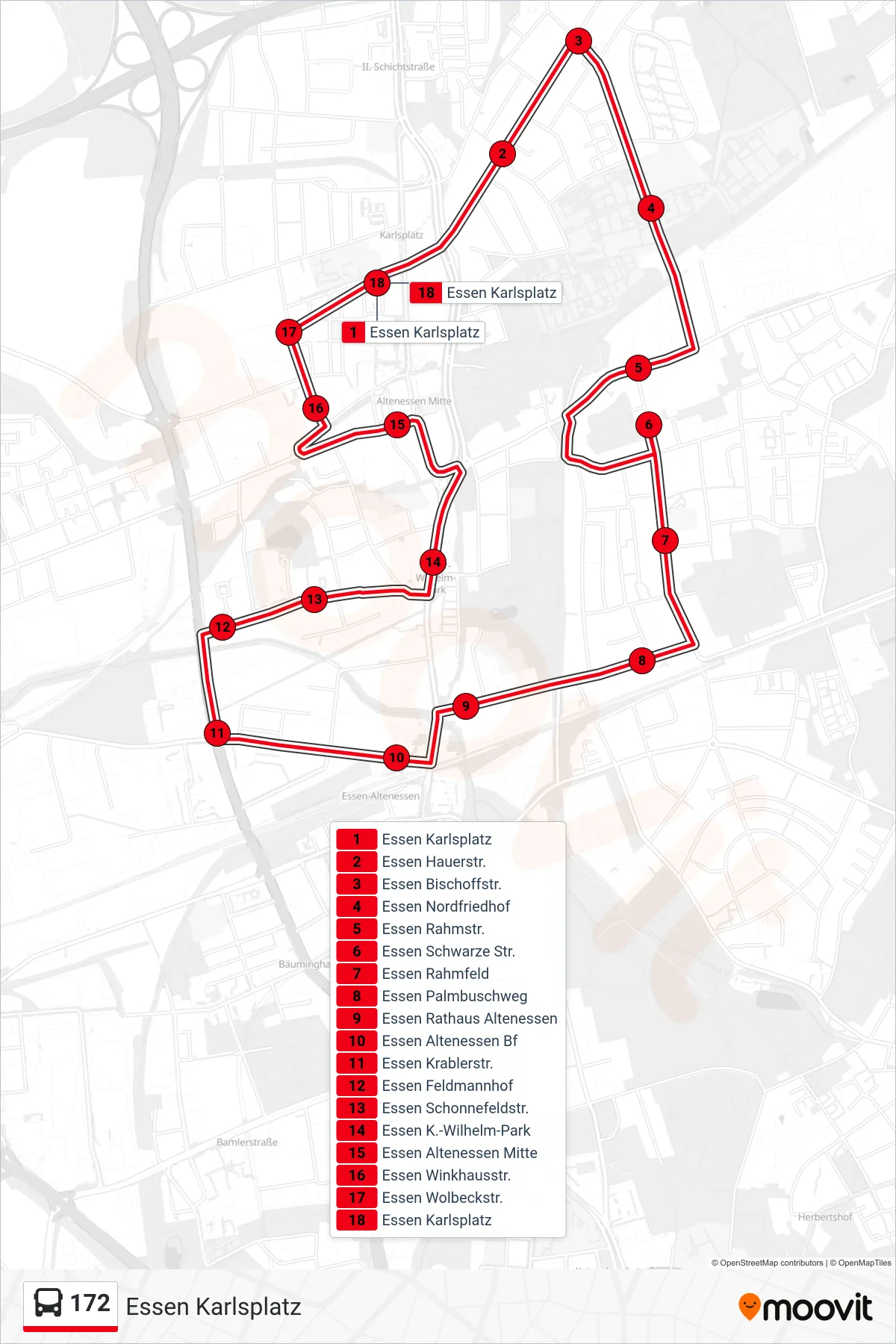 Linie 172 (Bus) Richtung Essen Karlsplatz: Route und Haltestellen auf der Karte