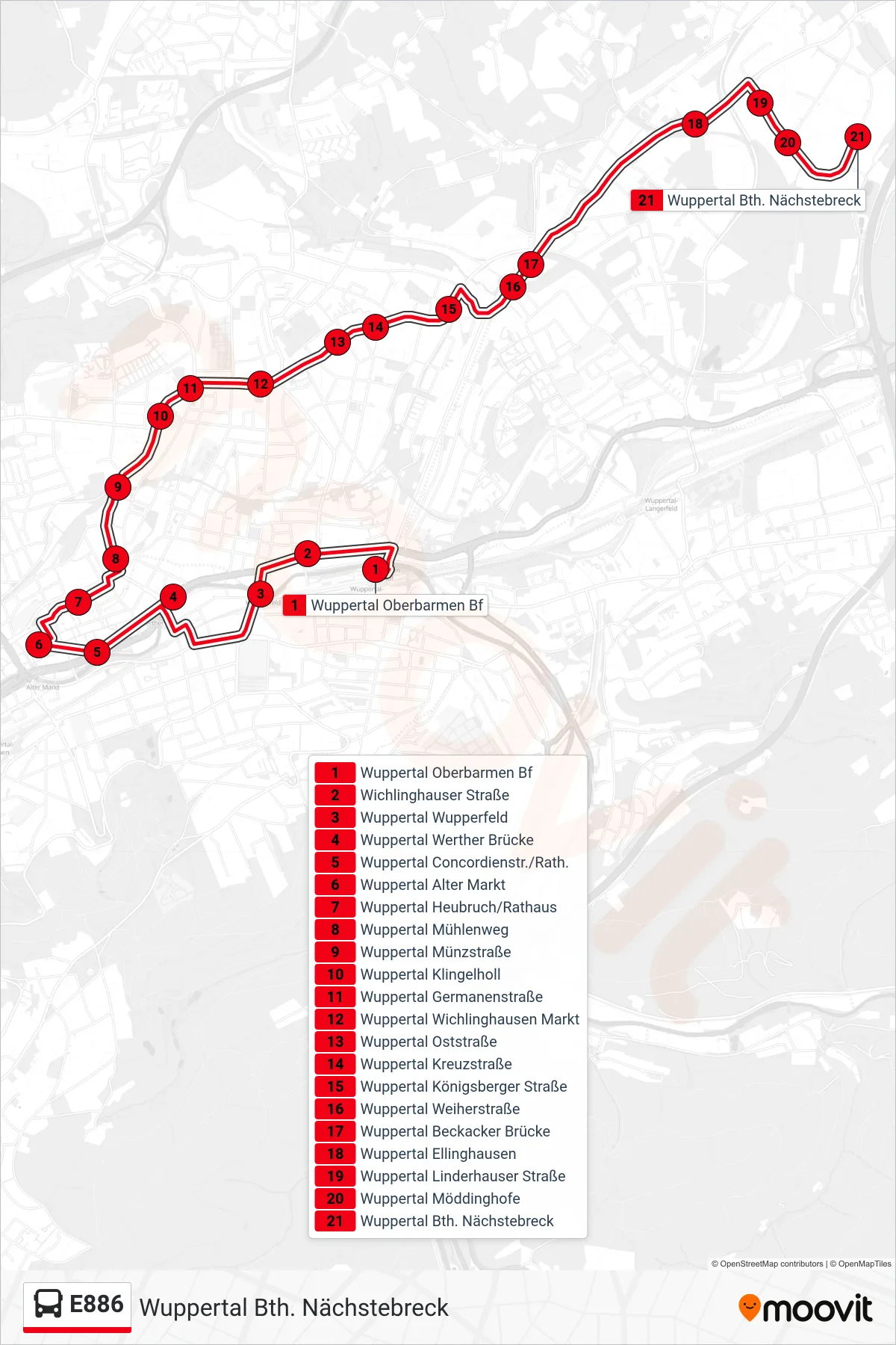 Linie E886 (Bus) Richtung Wuppertal Bth. Nächstebreck: Route und Haltestellen auf der Karte