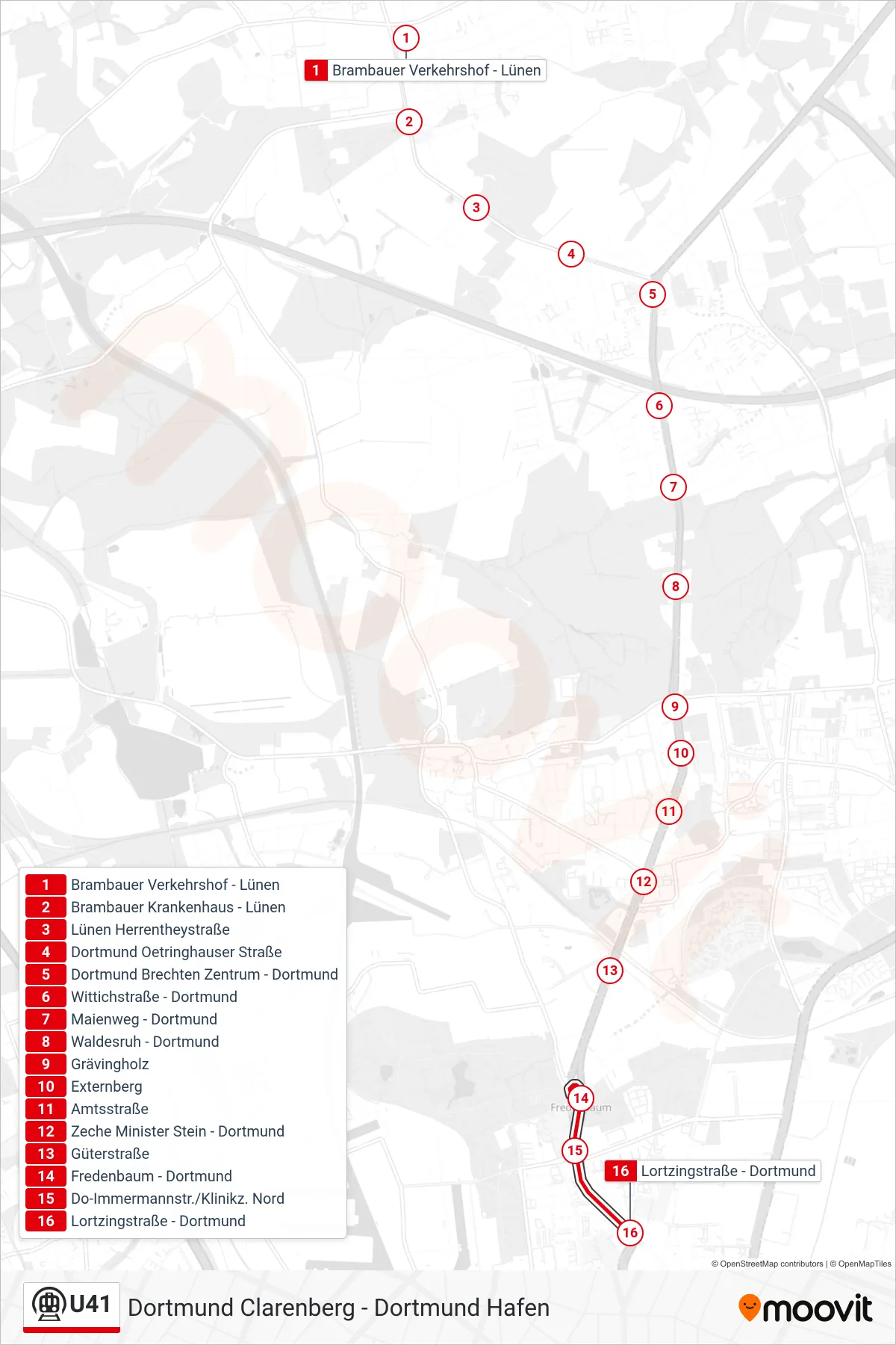 U41 subway Line (Dortmund Lortzingstraße) route and stops on a map