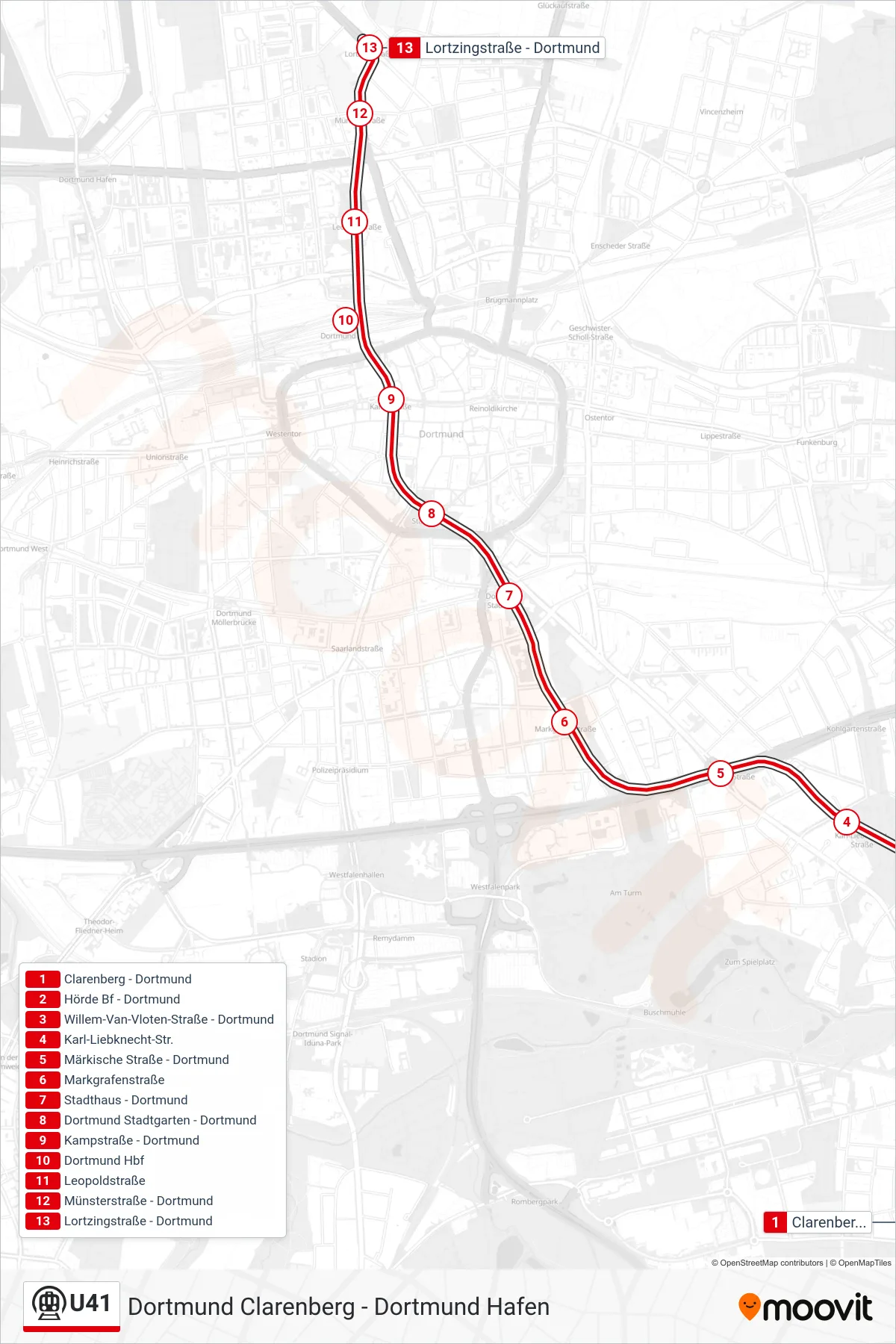 U41 subway Line (Dortmund Lortzingstraße) route and stops on a map