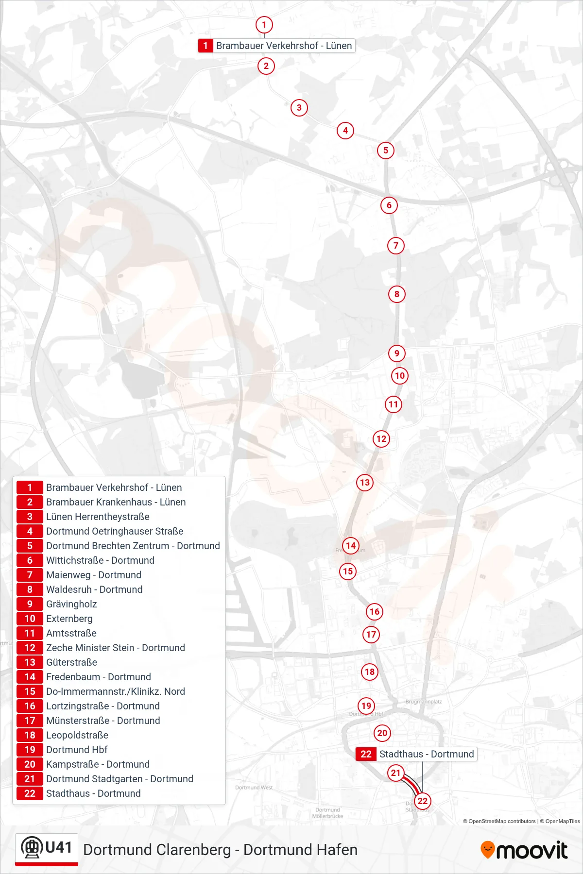 U41 subway Line (Dortmund Stadthaus) route and stops on a map