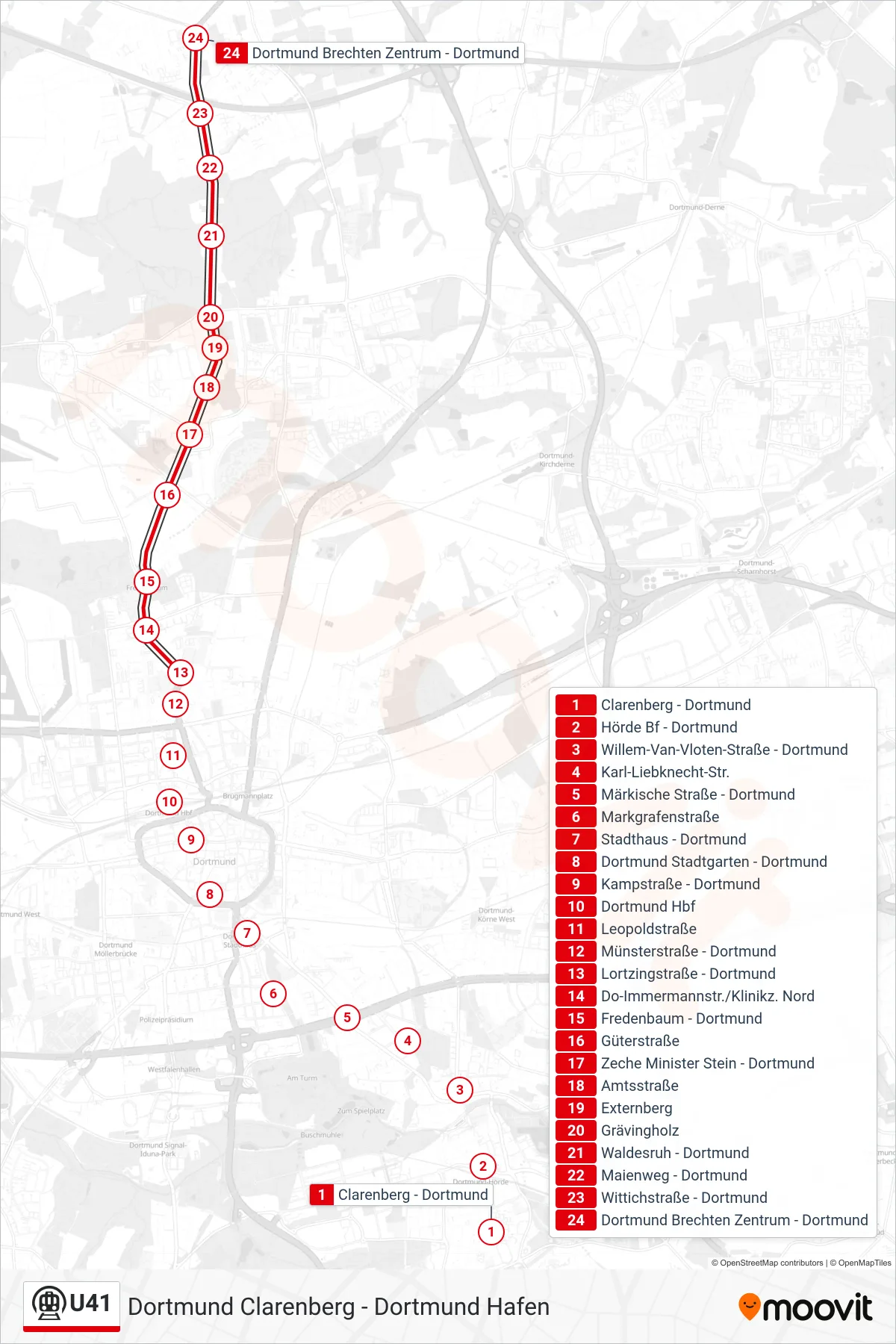 U41 subway Line (Dortmund Brechten Zentrum) route and stops on a map