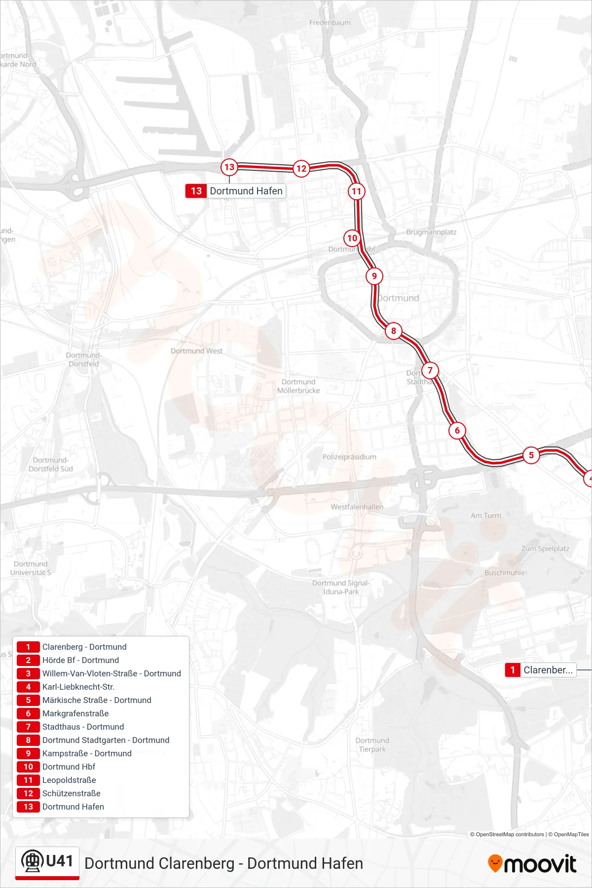 U41 subway Line (Dortmund Hafen) route and stops on a map