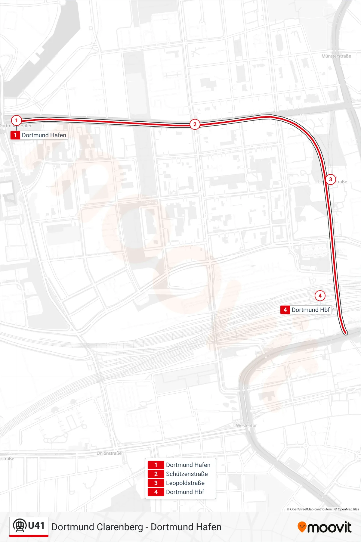 U41 subway Line (Dortmund Hbf) route and stops on a map