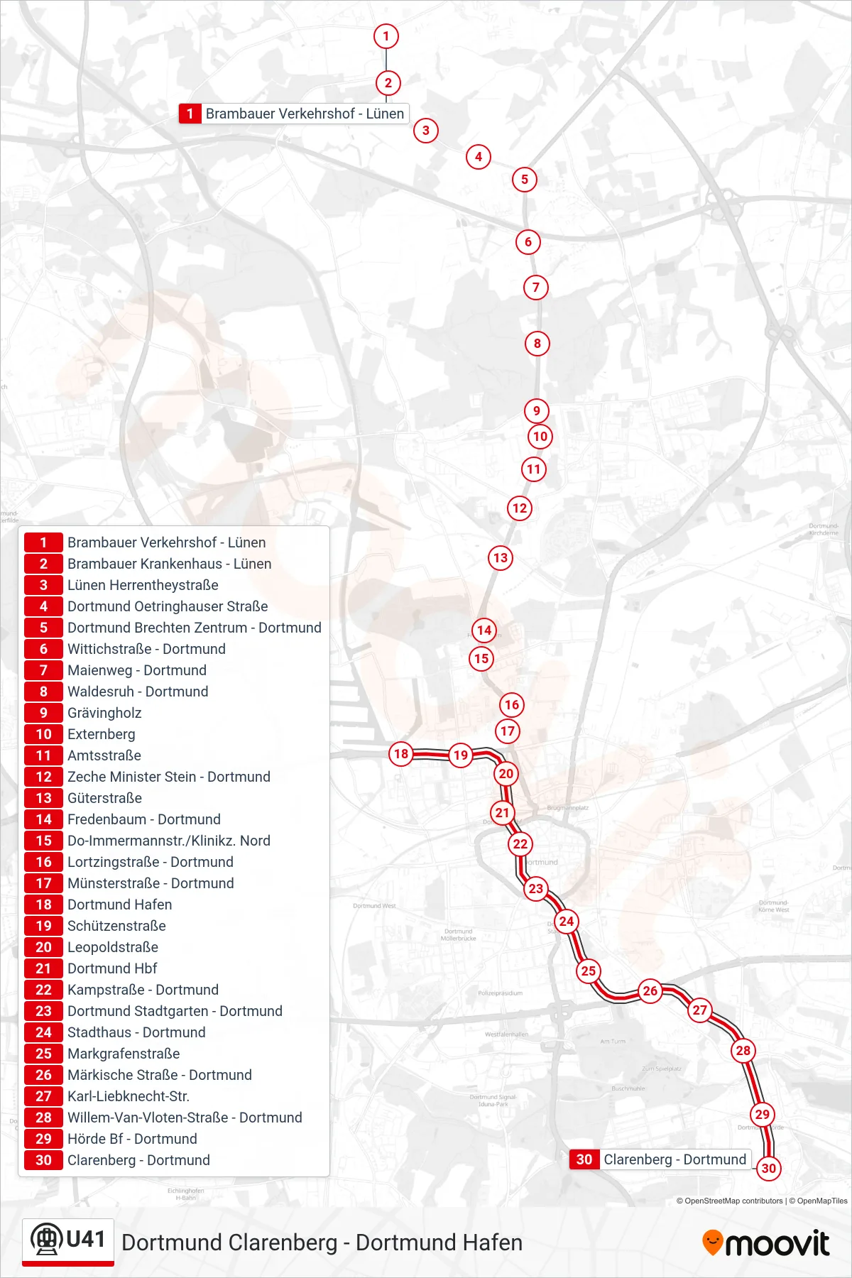 U41 subway Line (Dortmund Clarenberg) route and stops on a map