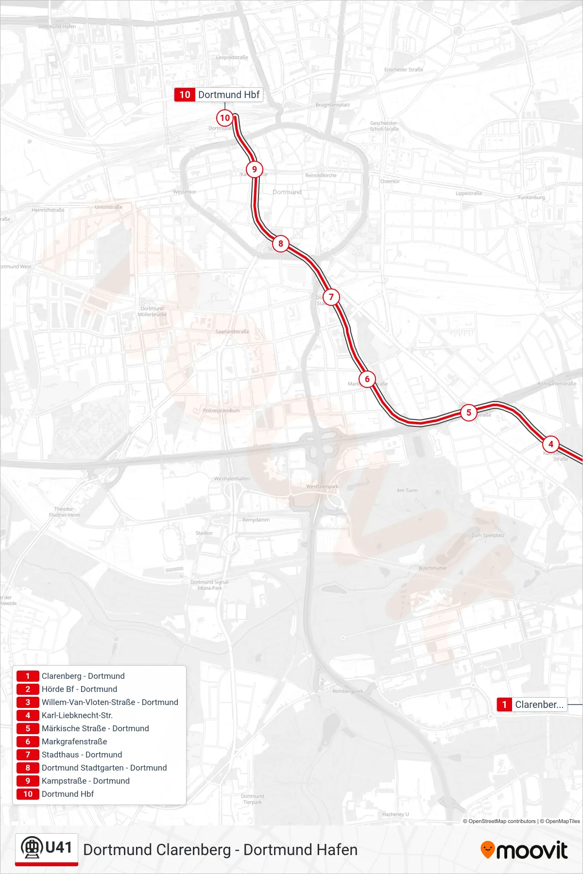 U41 subway Line (Dortmund Hbf) route and stops on a map