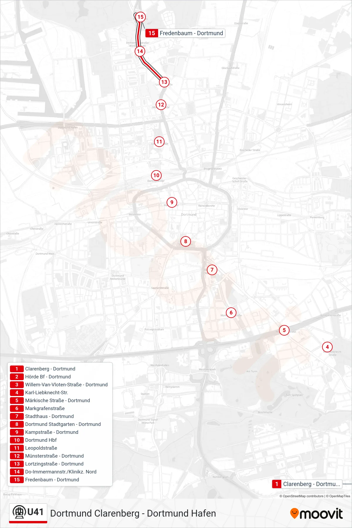 Linie U41 (U-Bahn) Richtung Dortmund Fredenbaum: Route und Haltestellen auf der Karte