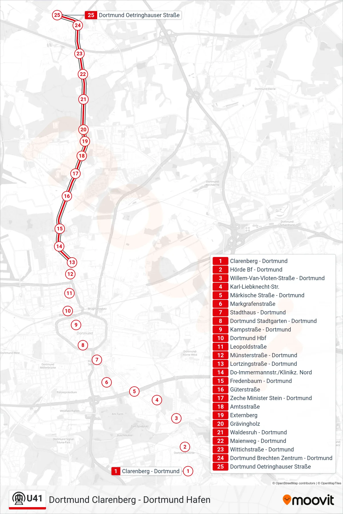 U41 subway Line (Dortmund Oetringhauser Straße) route and stops on a map