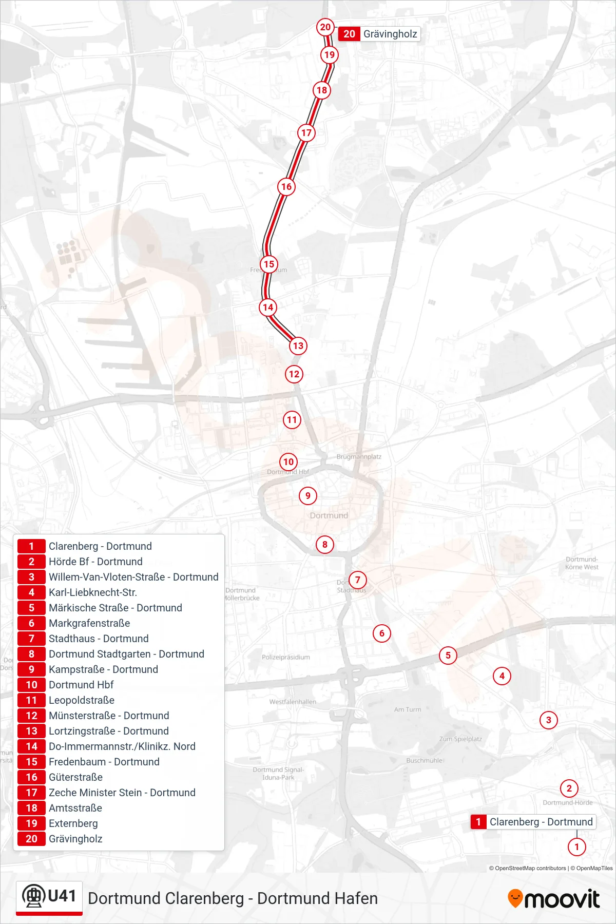 U41 subway Line (Dortmund Grävingholz) route and stops on a map