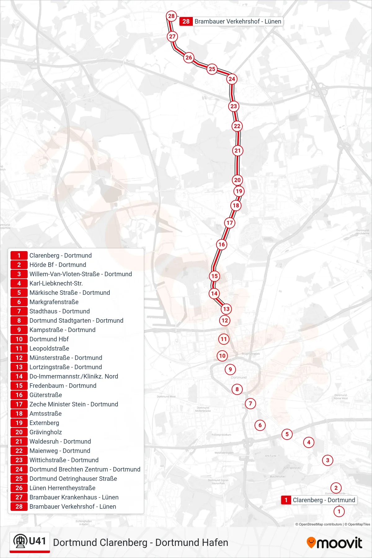 U41 subway Line (Lünen Brambauer Verkehrshof) route and stops on a map