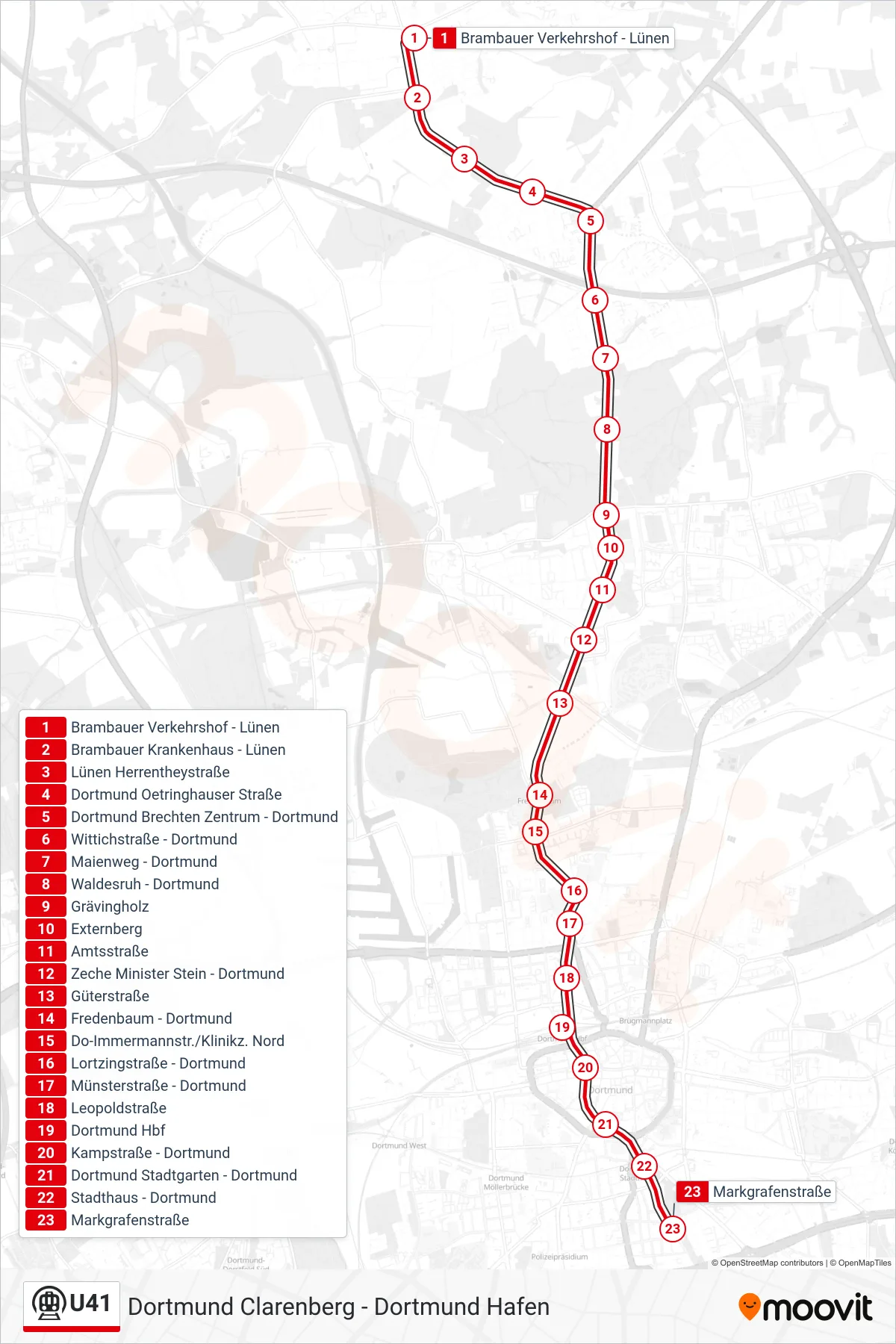 U41 subway Line (Dortmund Markgrafenstraße) route and stops on a map