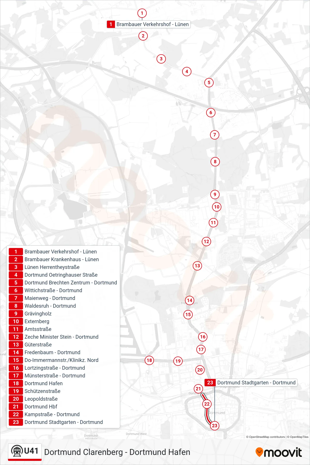 U41 subway Line (Dortmund Stadtgarten) route and stops on a map