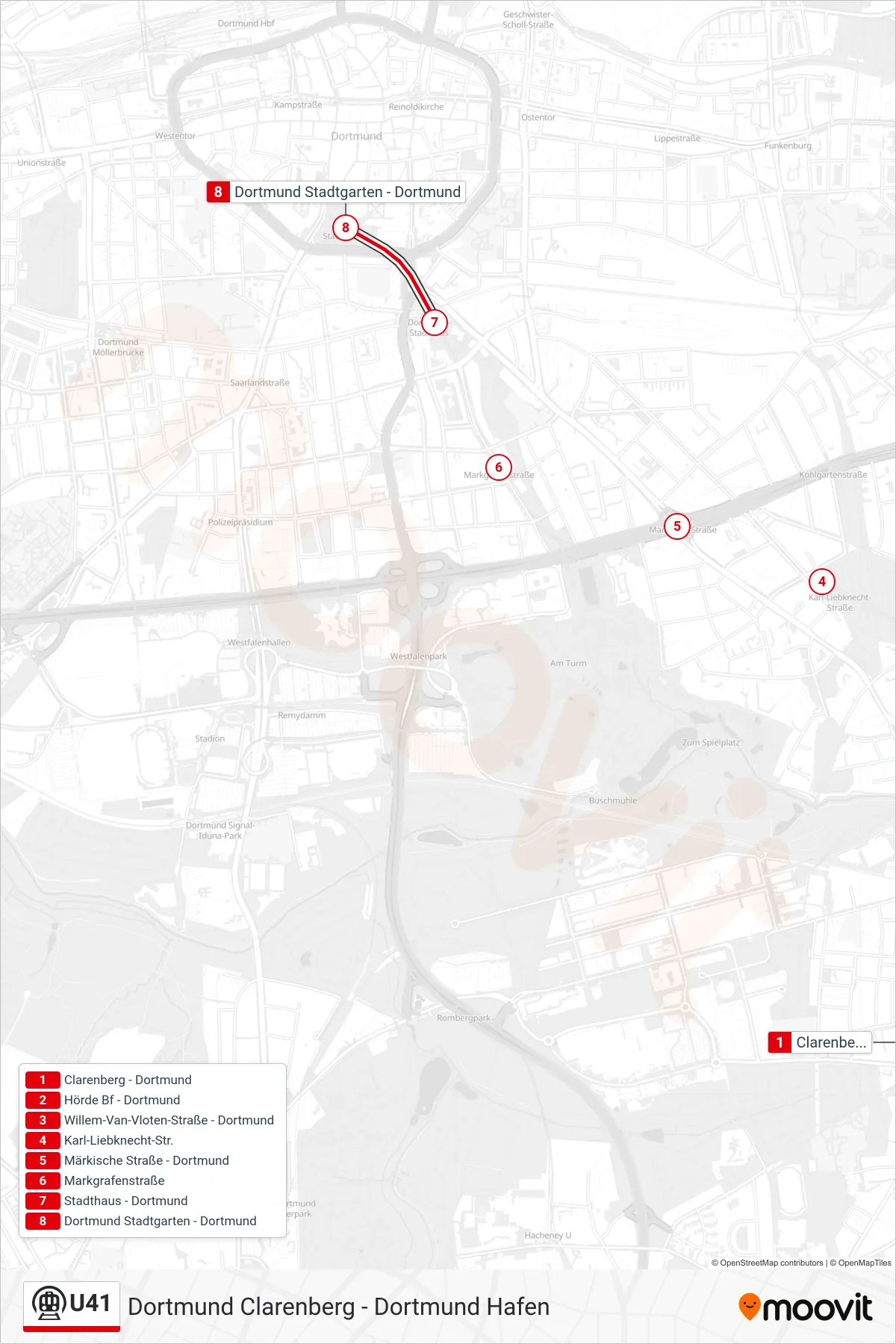 U41 subway Line (Dortmund Stadtgarten) route and stops on a map