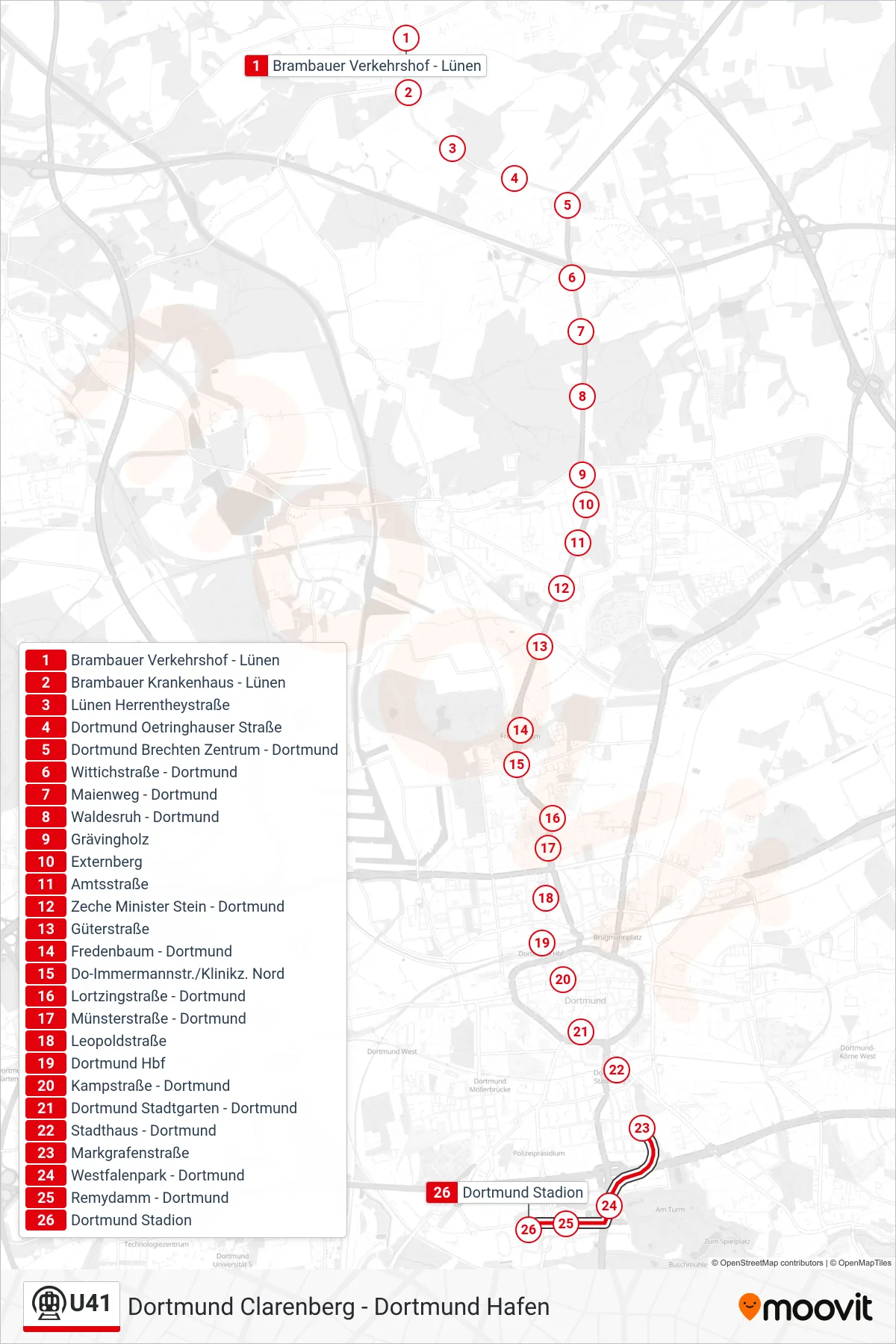 U41 subway Line (Dortmund Stadion) route and stops on a map