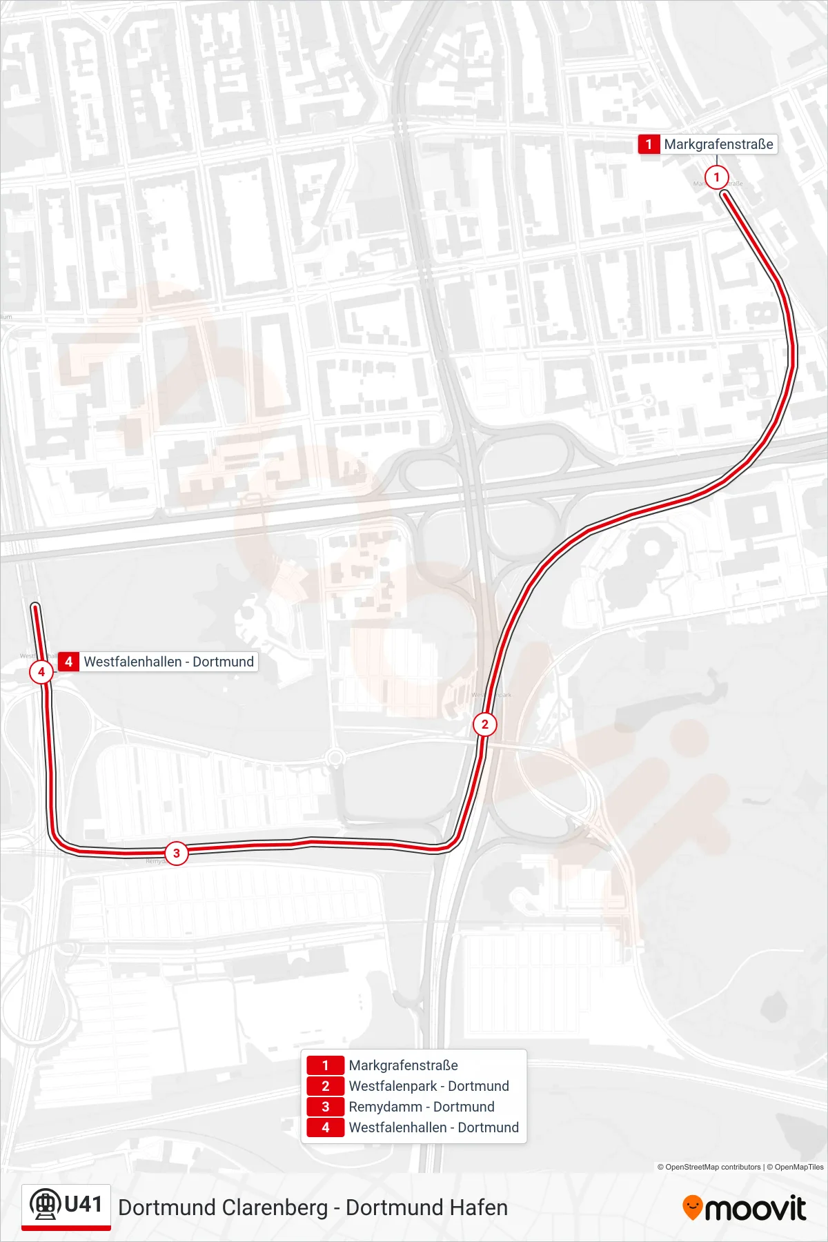U41 subway Line (Dortmund Westfalenhallen) route and stops on a map
