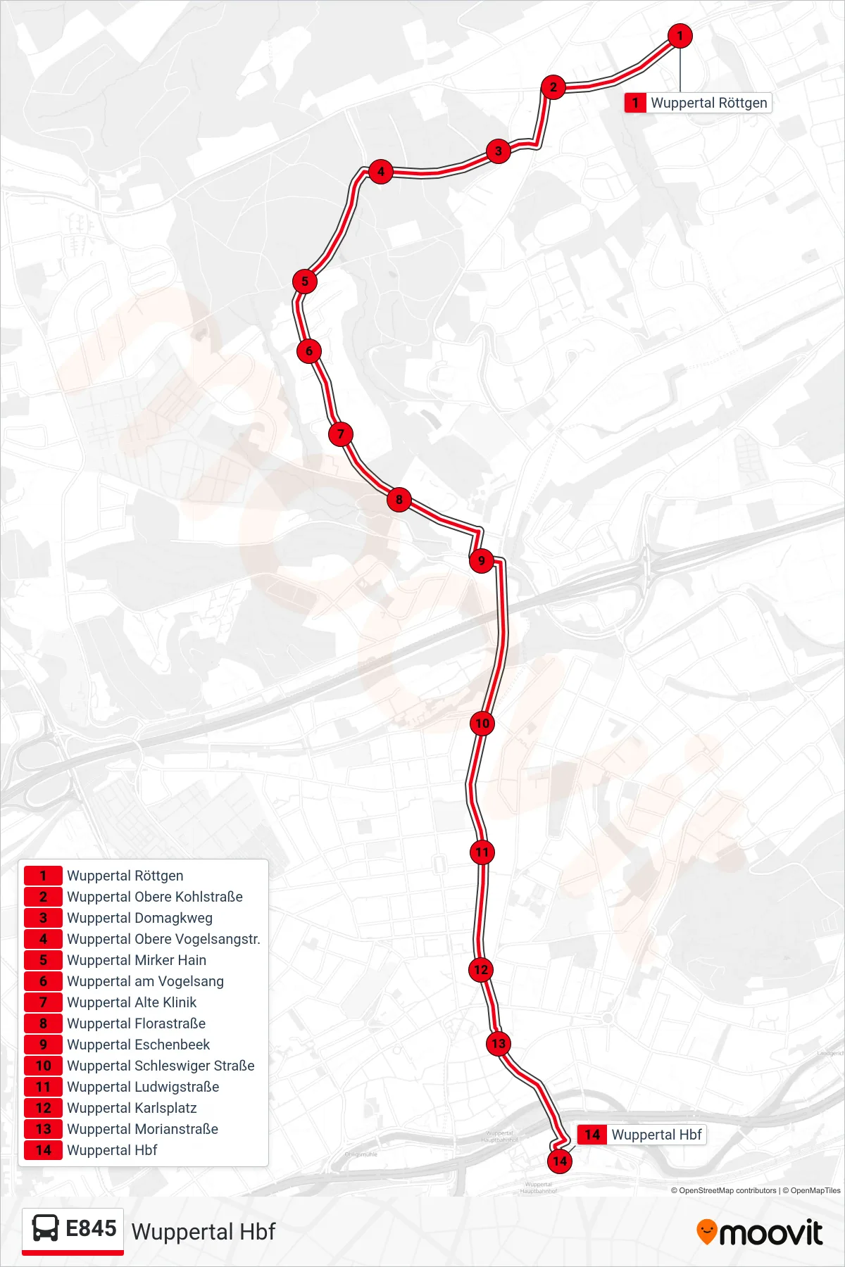 Linie E845 (Bus) Richtung Wuppertal Hbf: Route und Haltestellen auf der Karte