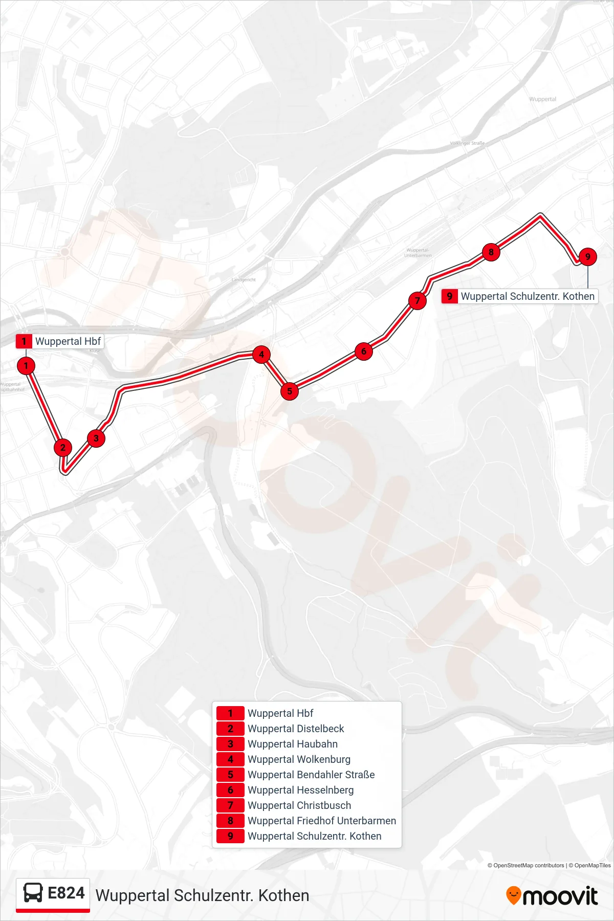 Linie E824 (Bus) Richtung Wuppertal Schulzentr. Kothen: Route und Haltestellen auf der Karte