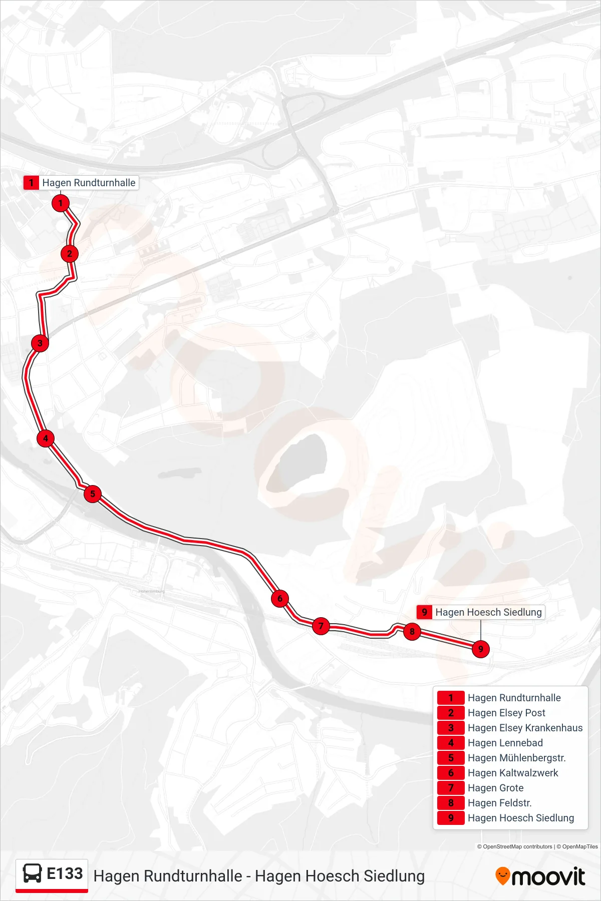 Linie E133 (Bus) Richtung Hagen Hoesch Siedlung: Route und Haltestellen auf der Karte