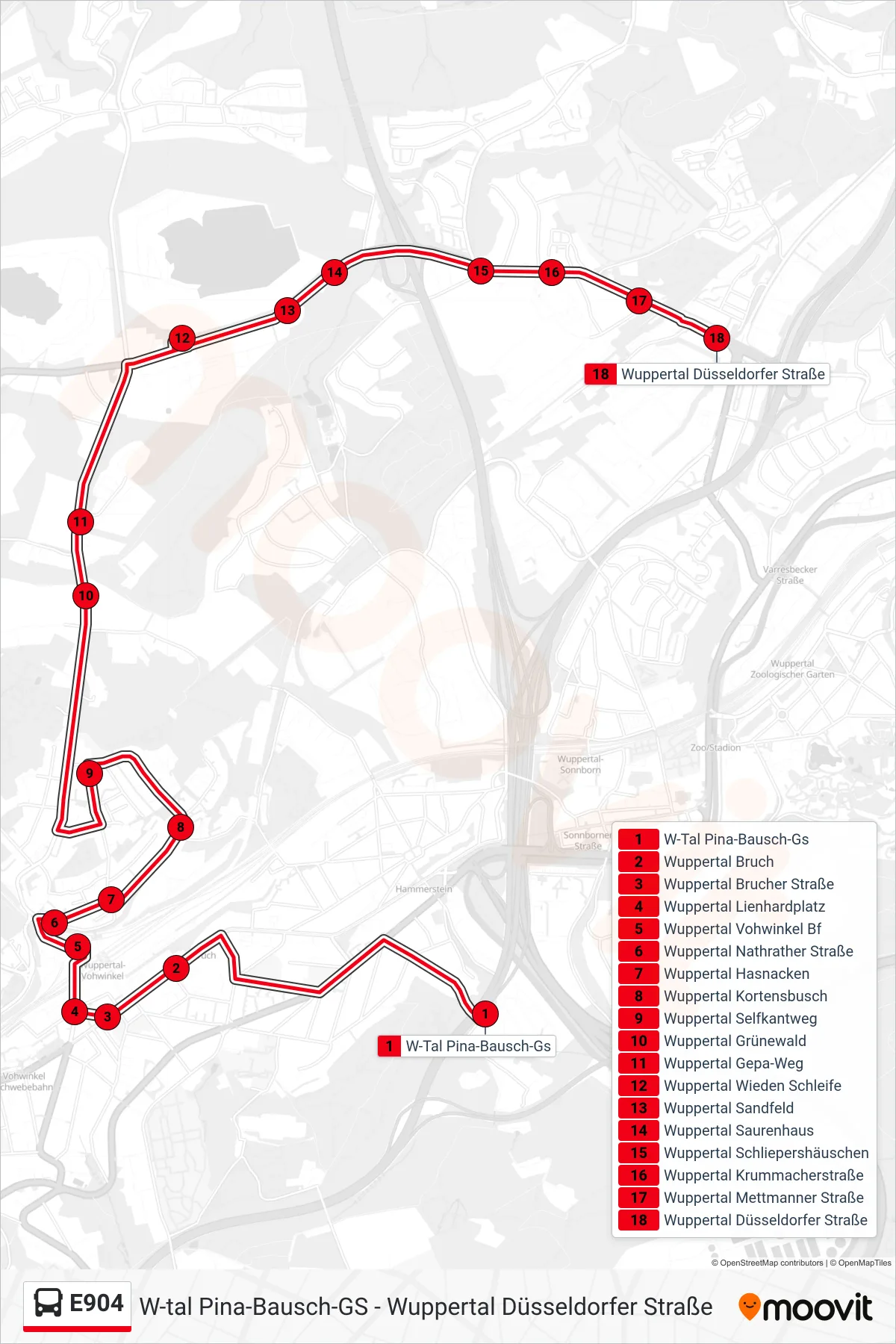 Linie E904 (Bus) Richtung Wuppertal Düsseldorfer Straße: Route und Haltestellen auf der Karte