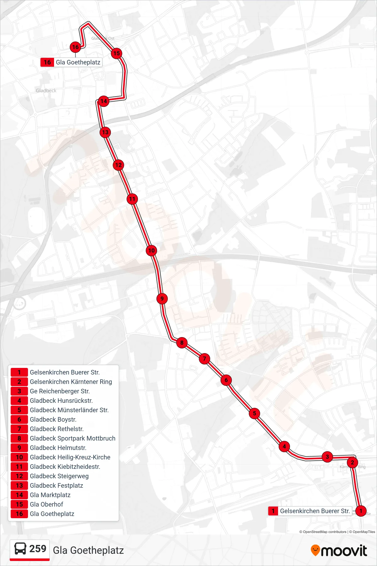 Linie 259 (Bus) Richtung Gla Goetheplatz: Route und Haltestellen auf der Karte