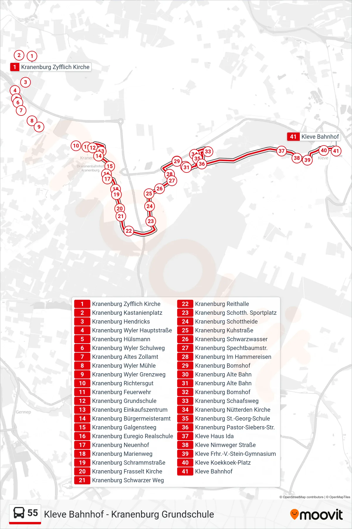 55 bus Line (Kleve Bahnhof) route and stops on a map