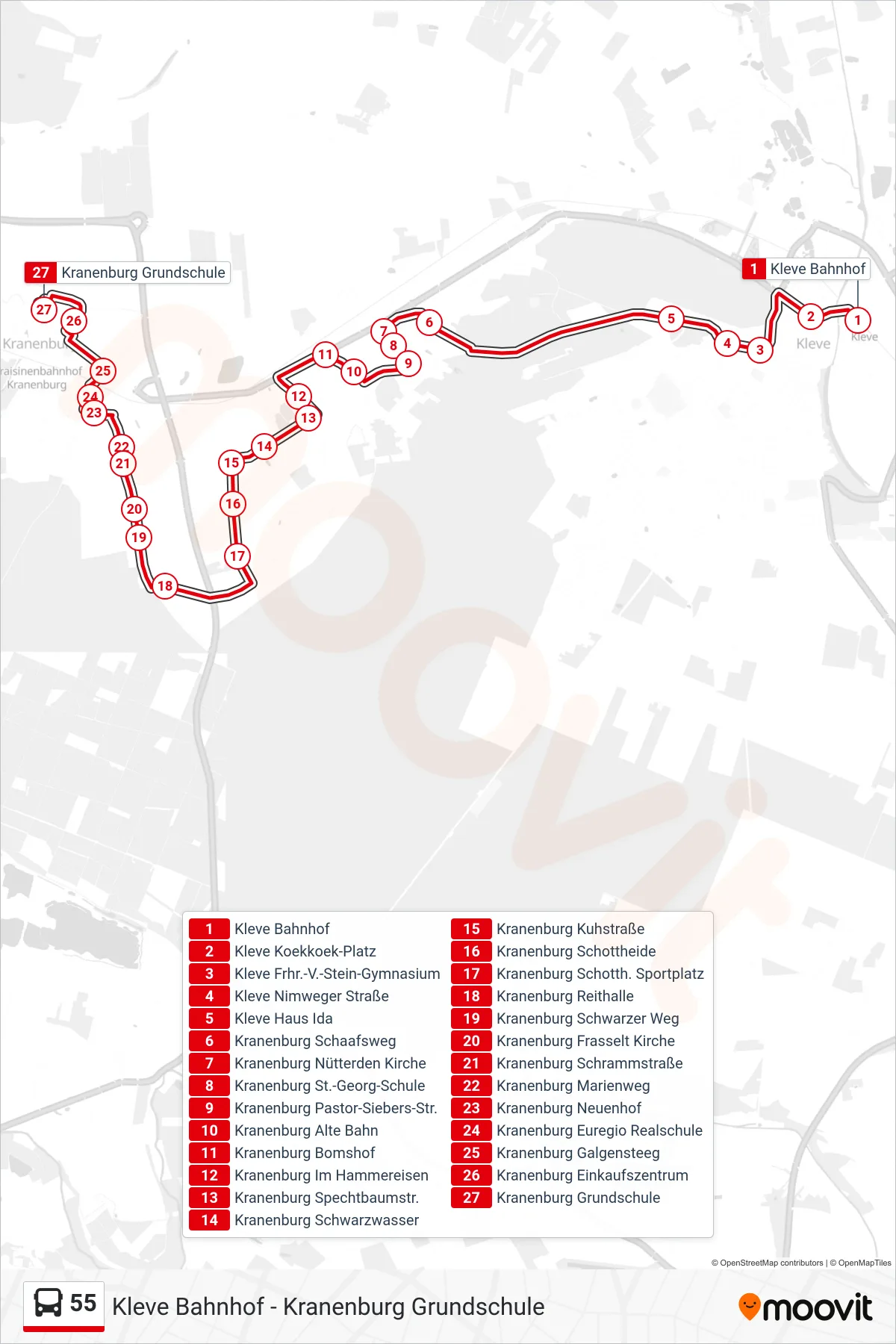 55 bus Line (Kranenburg Grundschule) route and stops on a map