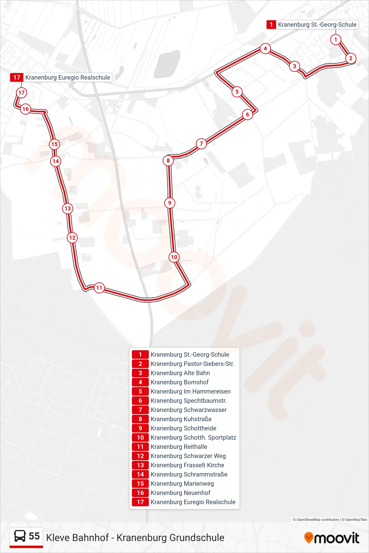 55 bus Line (Kranenburg Euregio Realschule) route and stops on a map