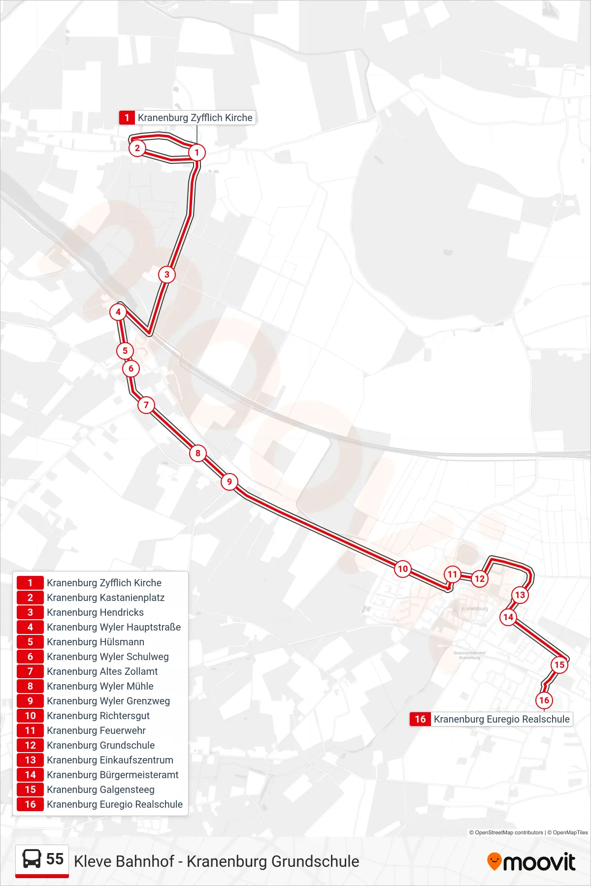 Linie 55 (Bus) Richtung Kranenburg Euregio Realschule: Route und Haltestellen auf der Karte