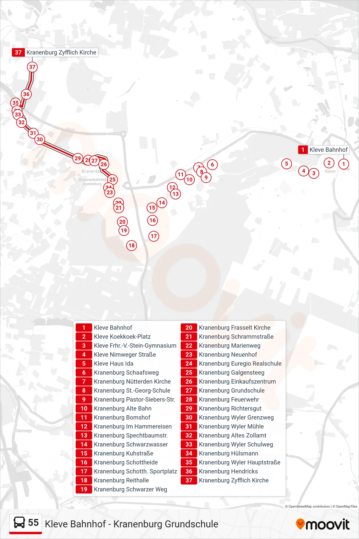 55 bus Line (Kranenburg Zyfflich Kirche) route and stops on a map