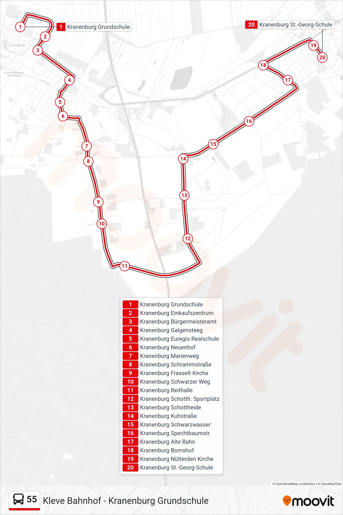 55 bus Line (Kranenburg St.-Georg-Schule) route and stops on a map