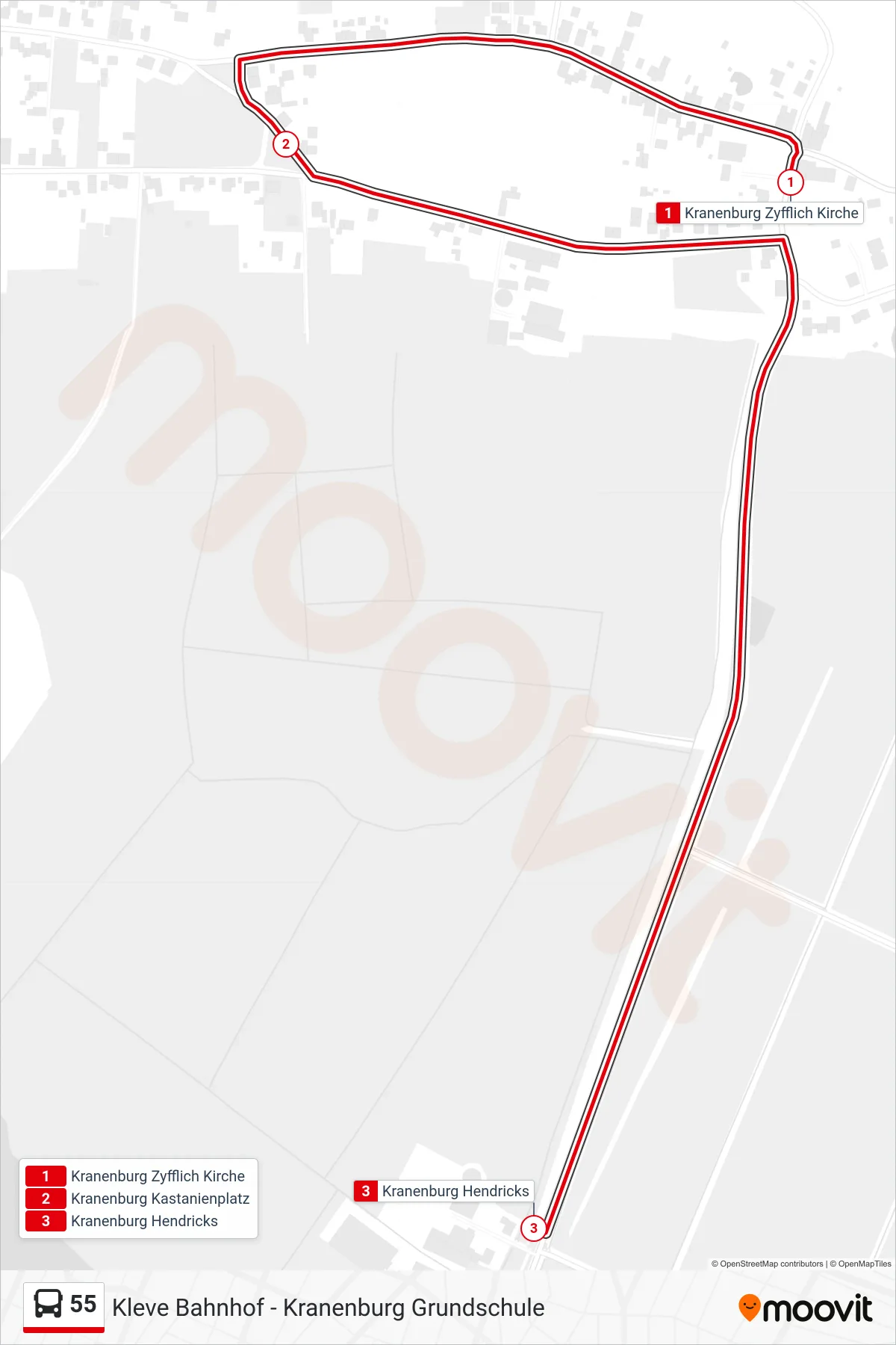 55 bus Line (Kranenburg Hendricks) route and stops on a map