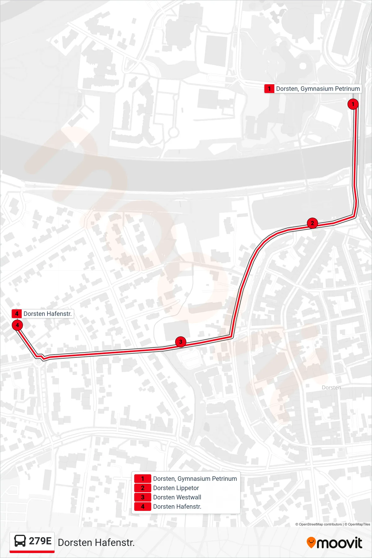 279E bus Line (Dorsten Hafenstr.) route and stops on a map