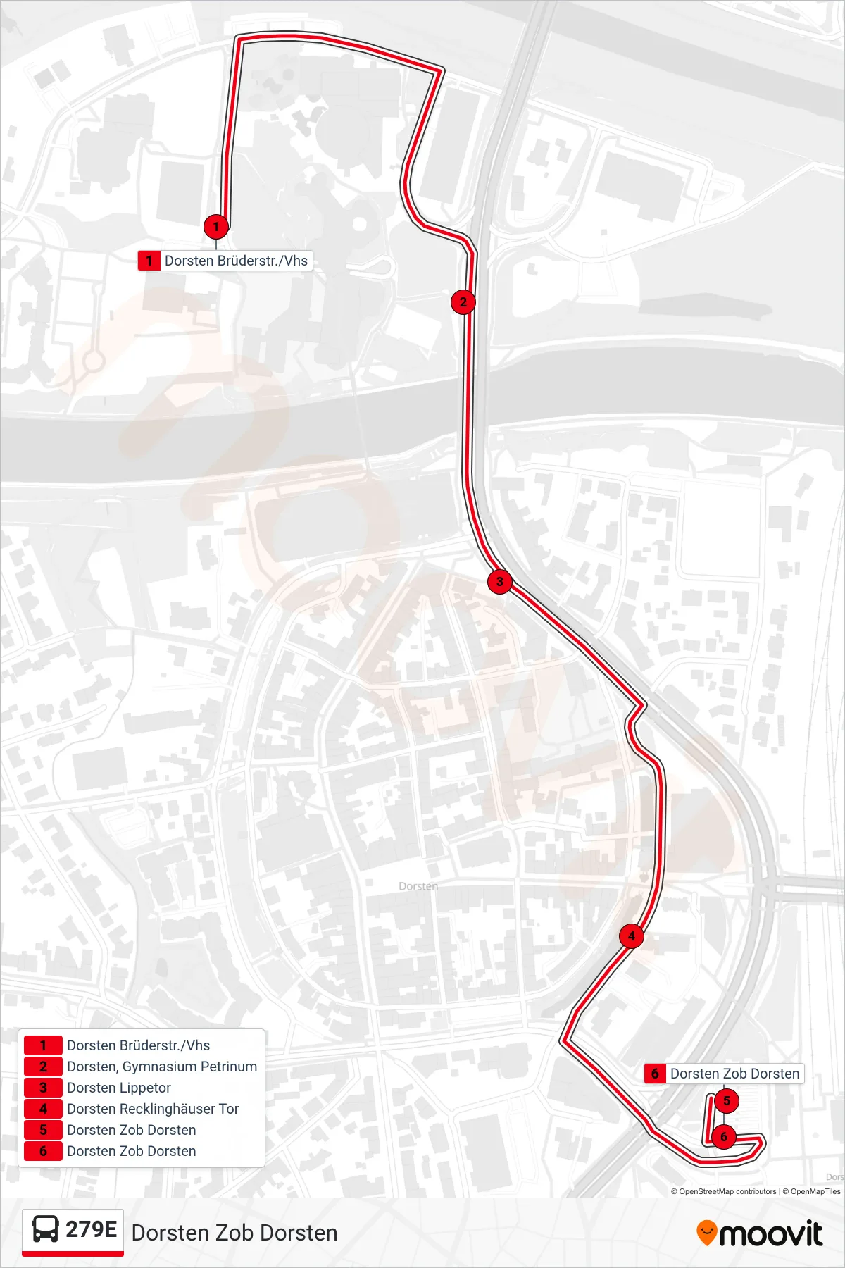 Linie 279E (Bus) Richtung Dorsten Zob Dorsten: Route und Haltestellen auf der Karte