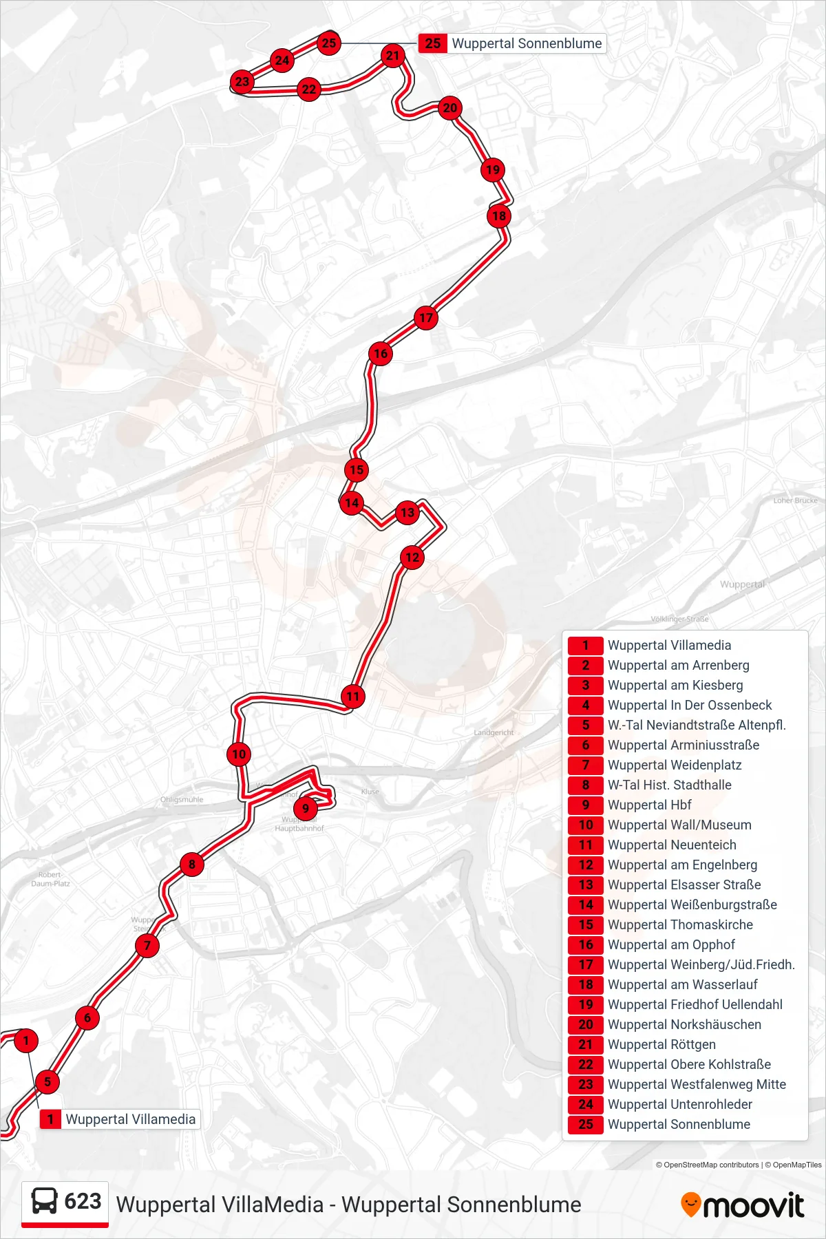 Linie 623 (Bus) Richtung Wuppertal Sonnenblume: Route und Haltestellen auf der Karte