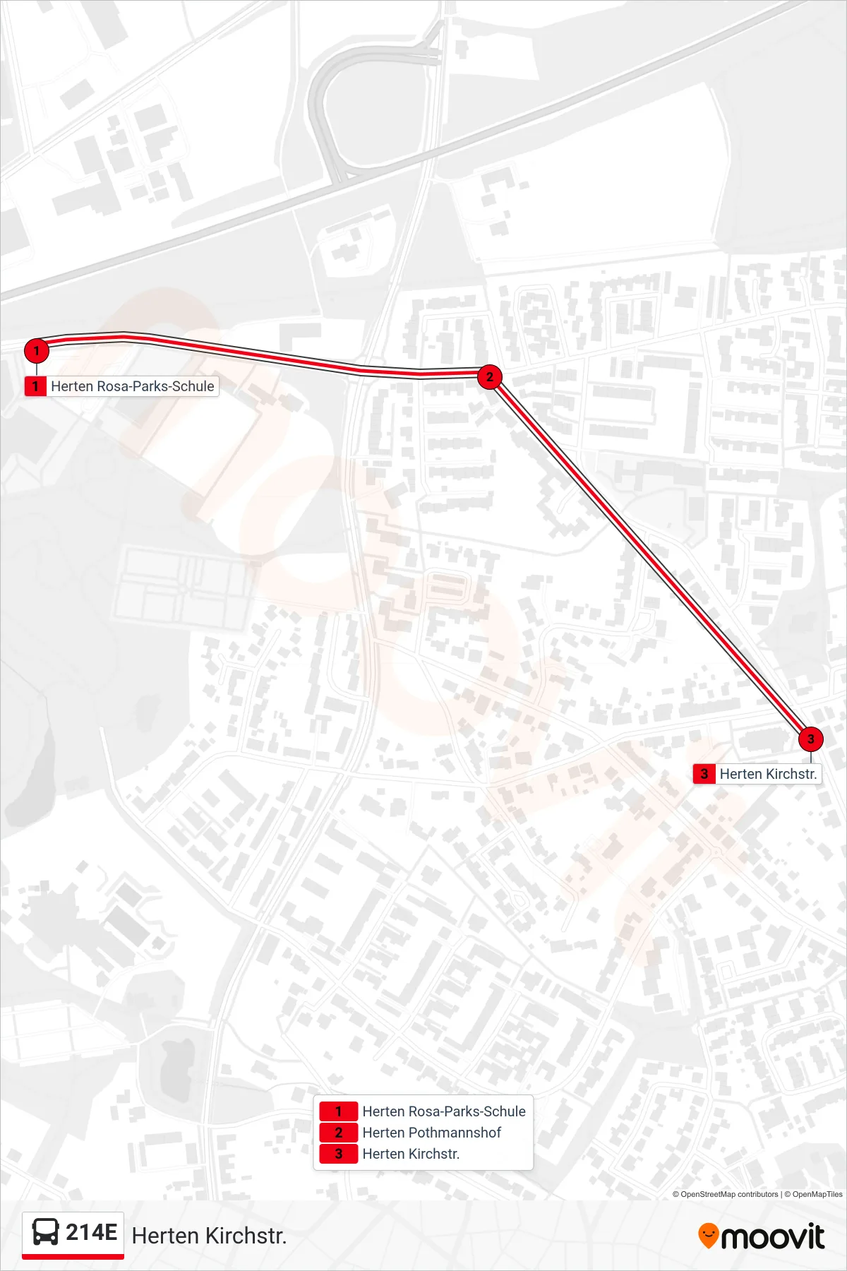 Linie 214E (Bus) Richtung Herten Kirchstr.: Route und Haltestellen auf der Karte