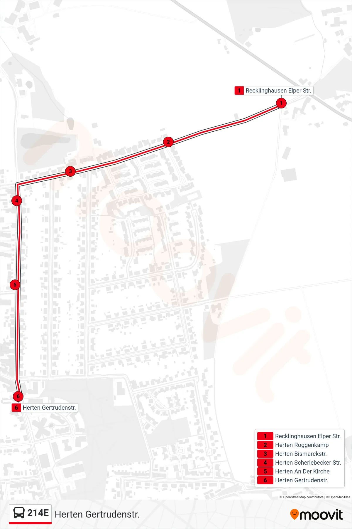 214E bus Line (Herten Gertrudenstr.) route and stops on a map