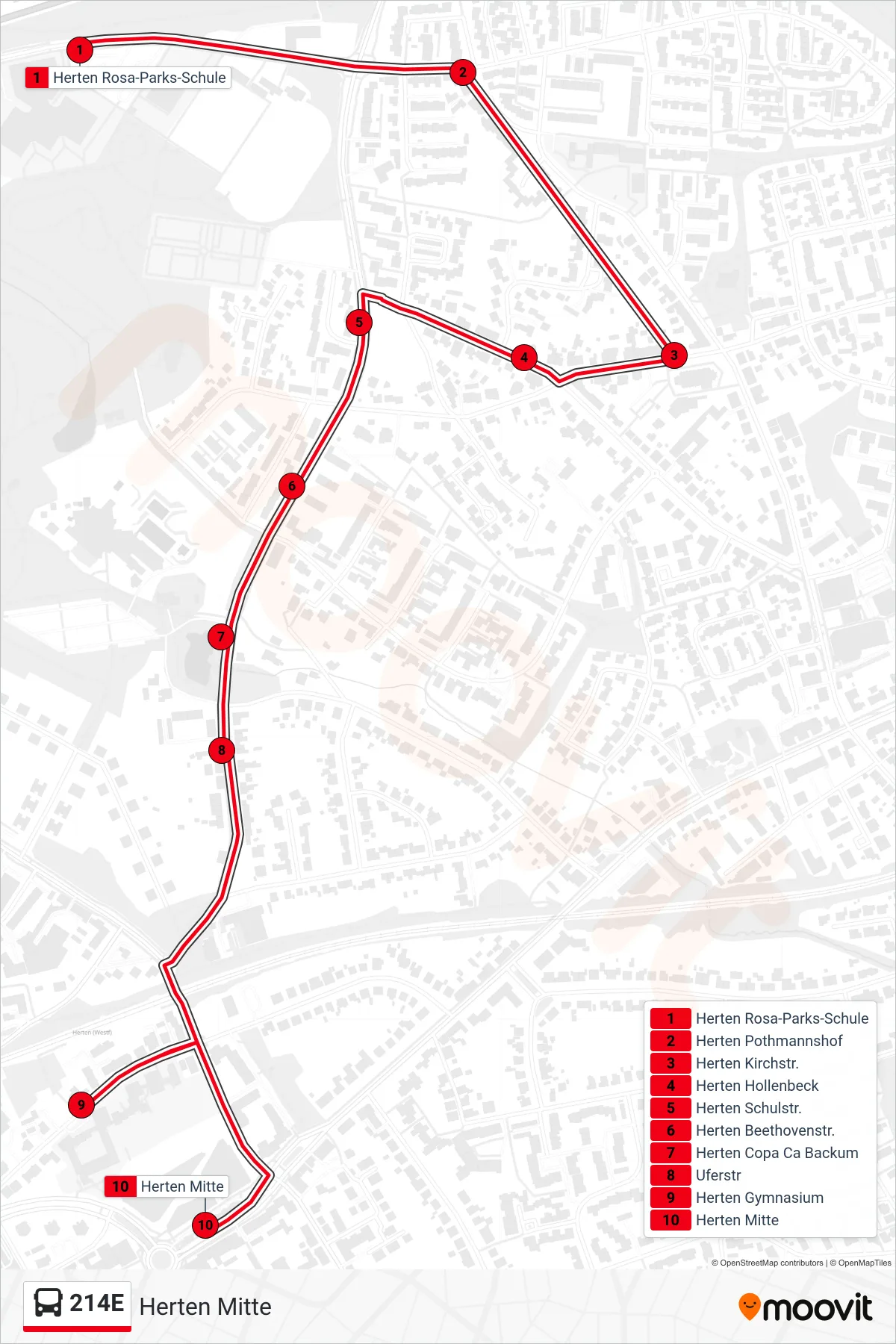 214E bus Line (Herten Mitte) route and stops on a map