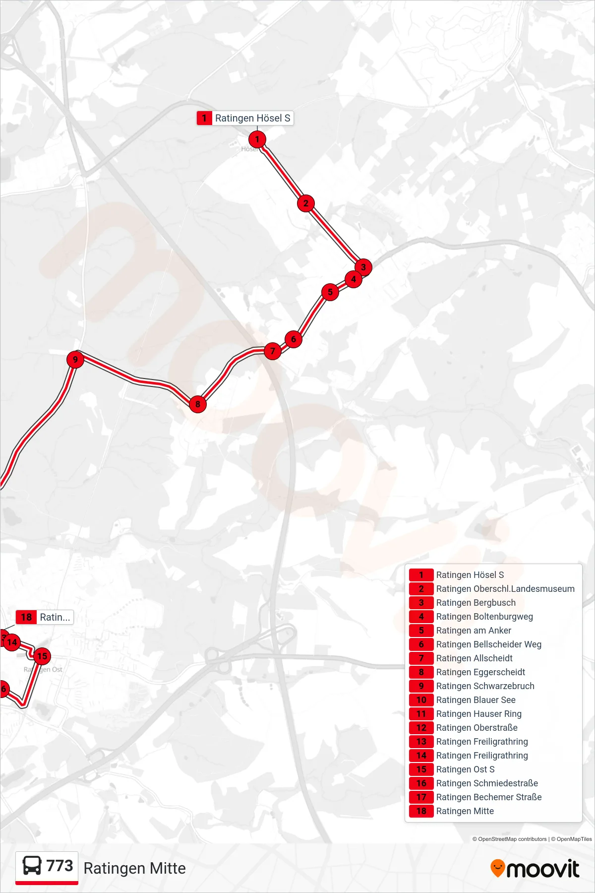 773 bus Line (Ratingen Mitte) route and stops on a map