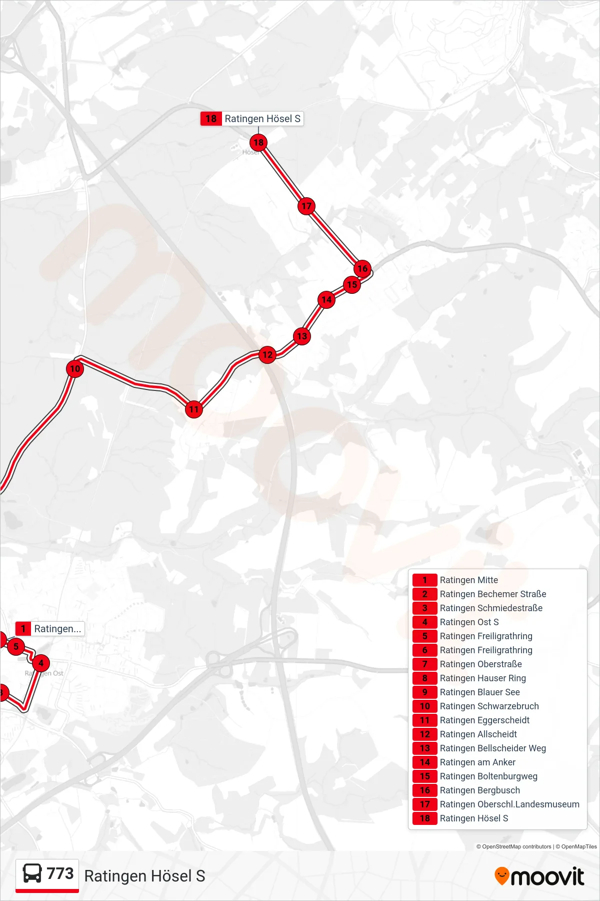 773 bus Line (Ratingen Hösel S) route and stops on a map