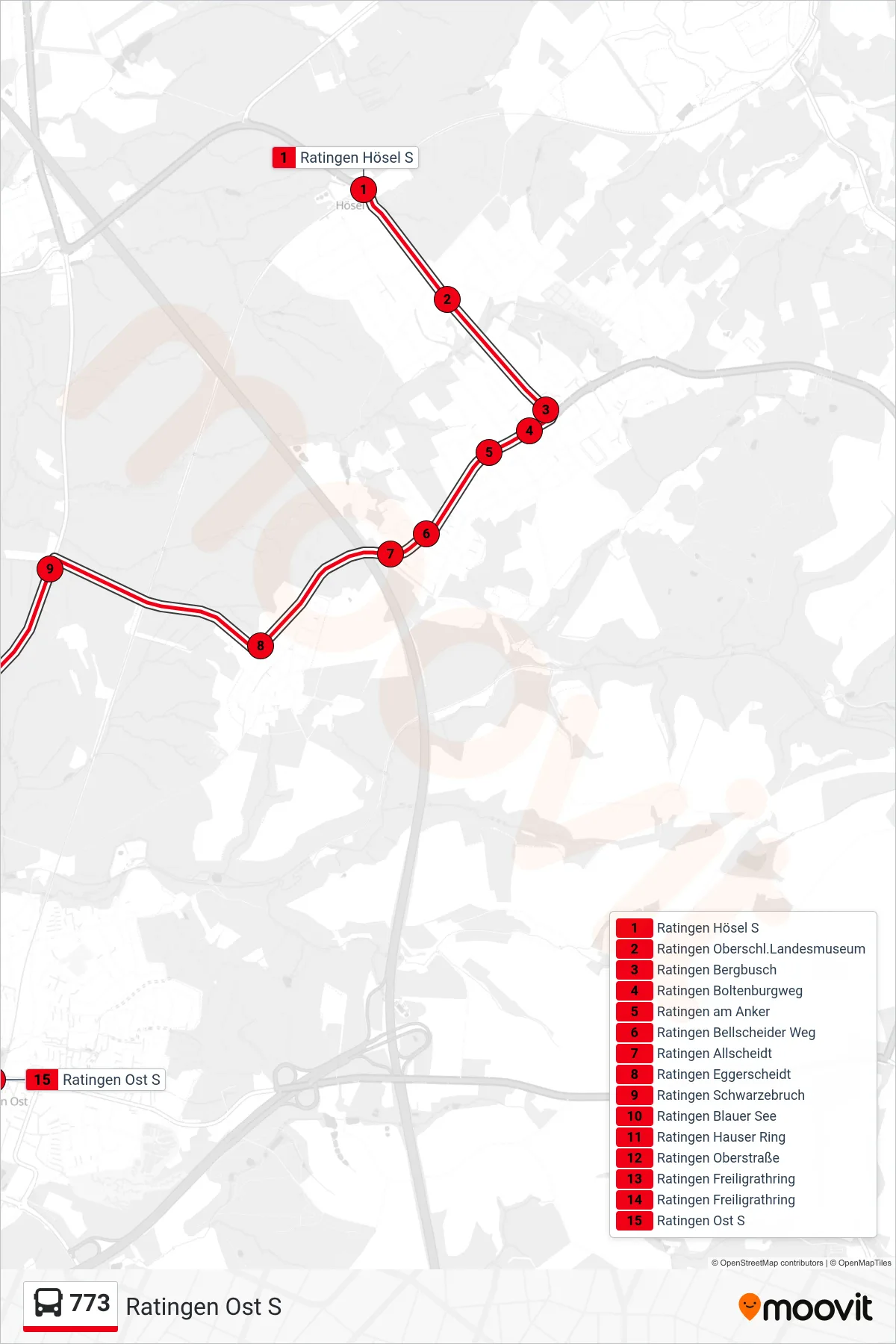 Linie 773 (Bus) Richtung Ratingen Ost S: Route und Haltestellen auf der Karte