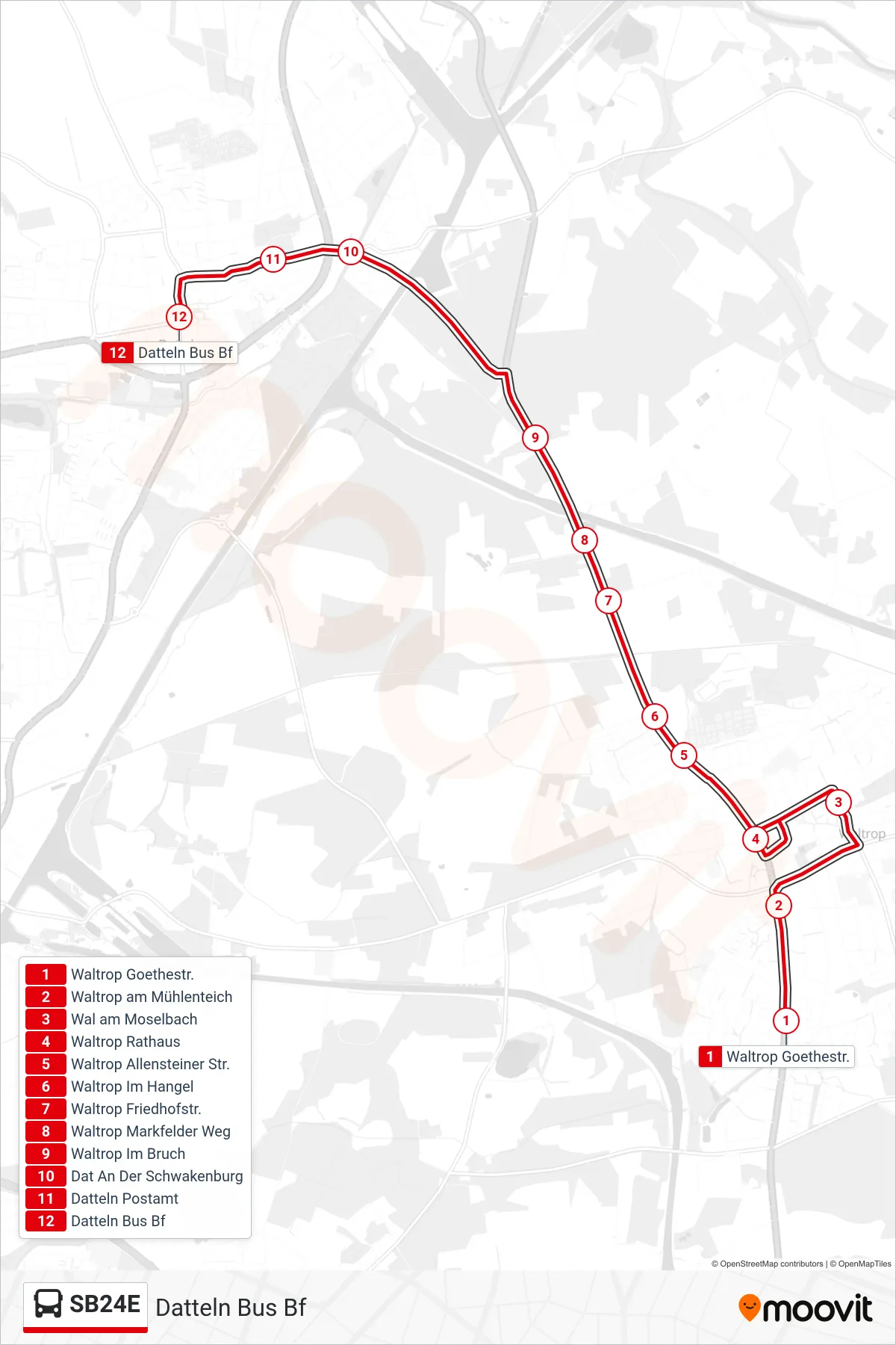 SB24E bus Line (Datteln Bus Bf) route and stops on a map
