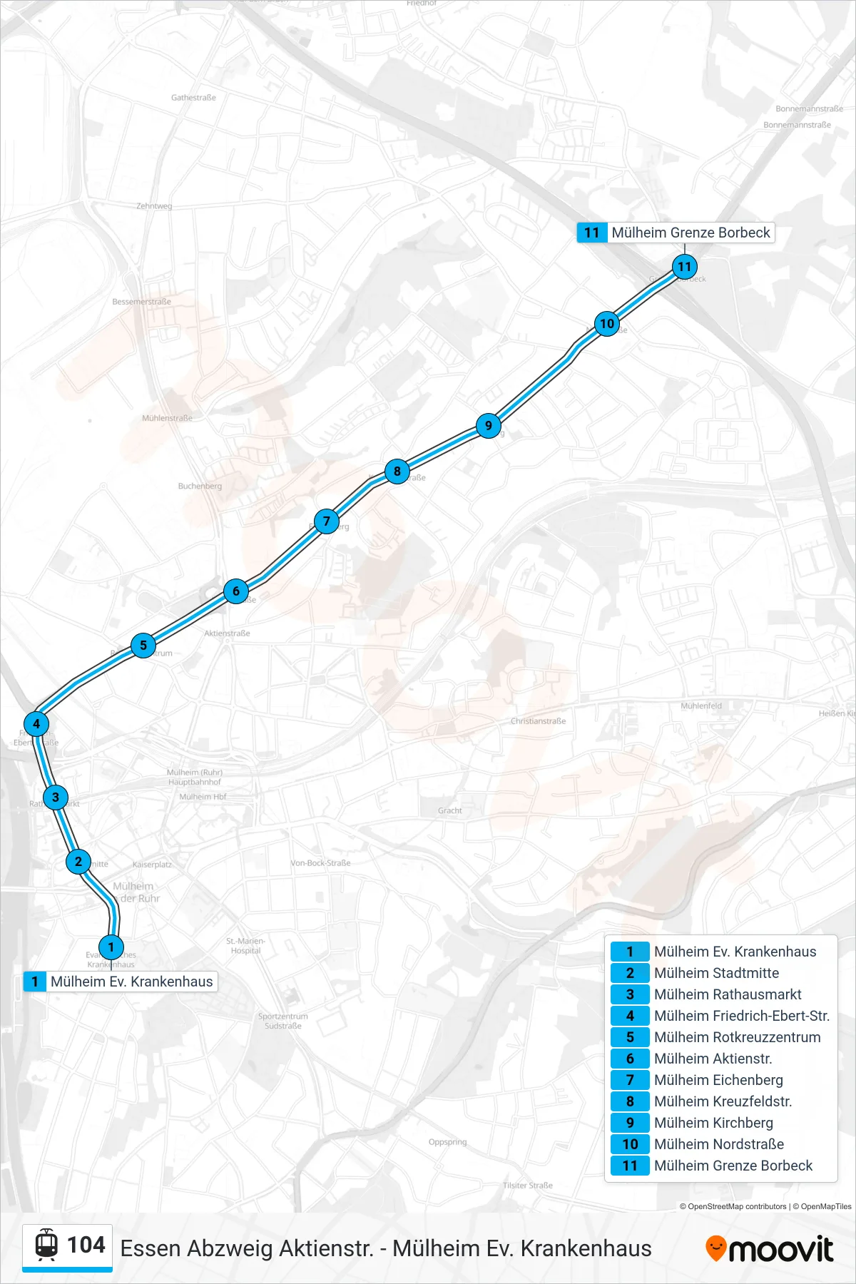 Linie 104 (Straßenbahn) Richtung Mülheim Grenze Borbeck: Route und Haltestellen auf der Karte