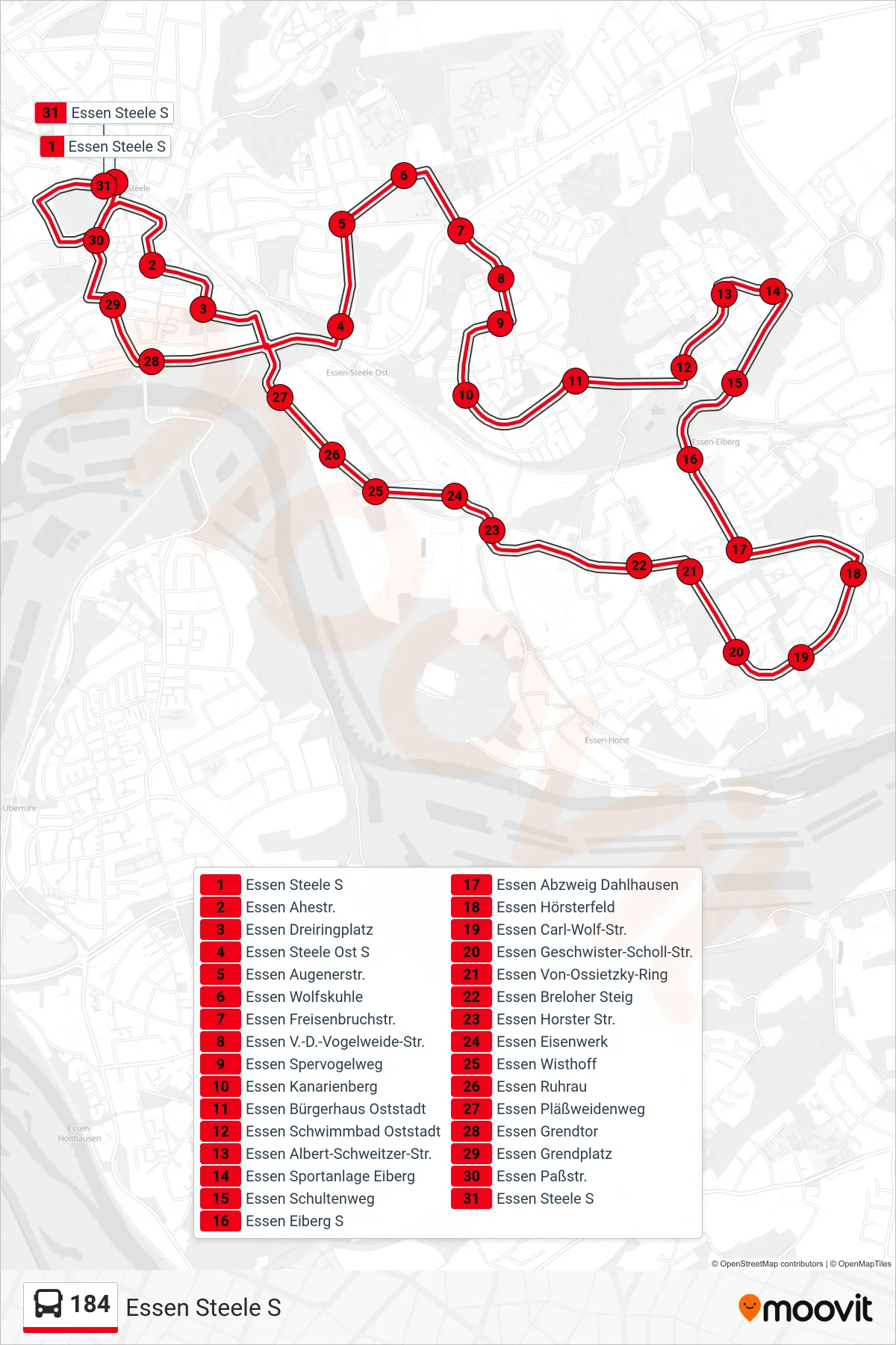 Linie 184 (Bus) Richtung Essen Steele S: Route und Haltestellen auf der Karte