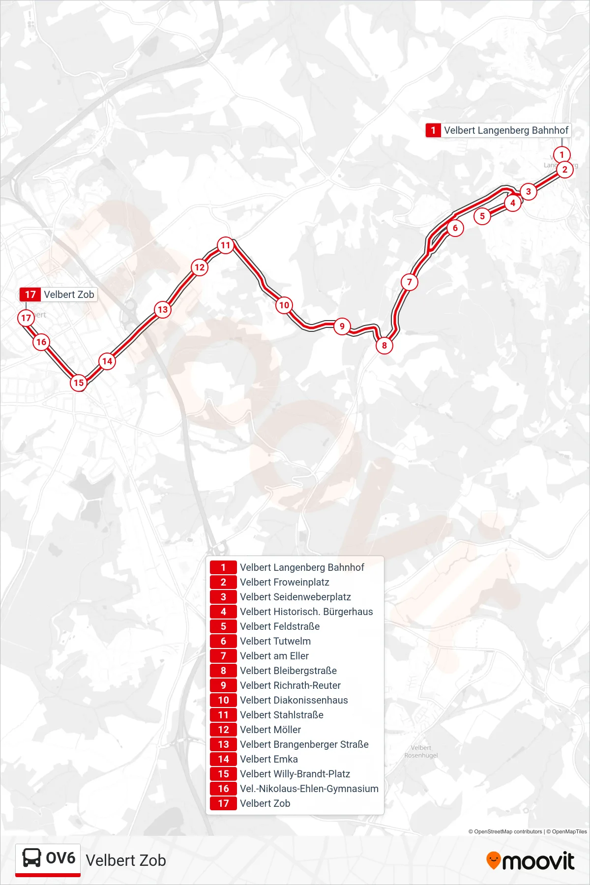 Linie OV6 (Bus) Richtung Velbert Zob: Route und Haltestellen auf der Karte