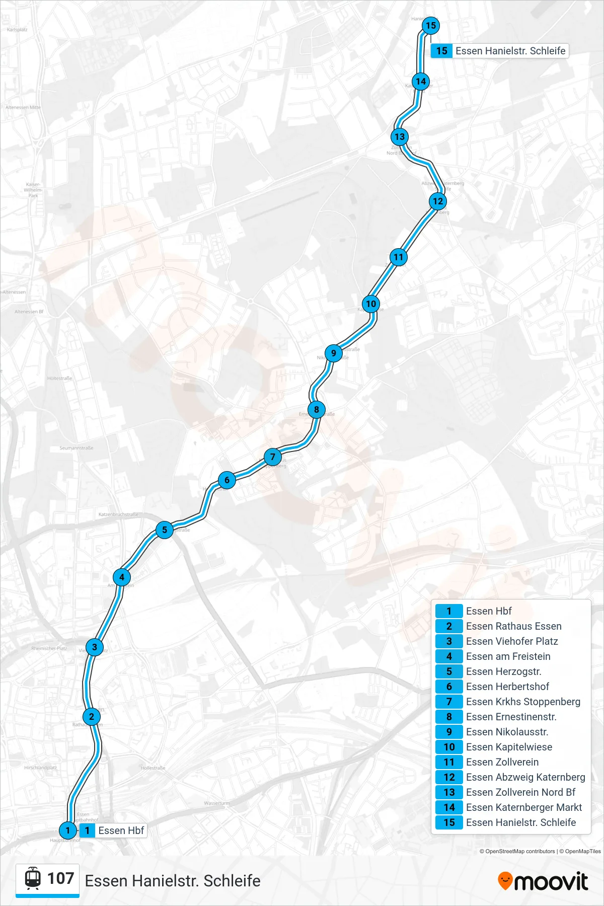 Linie 107 (Straßenbahn) Richtung Essen Hanielstr. Schleife: Route und Haltestellen auf der Karte
