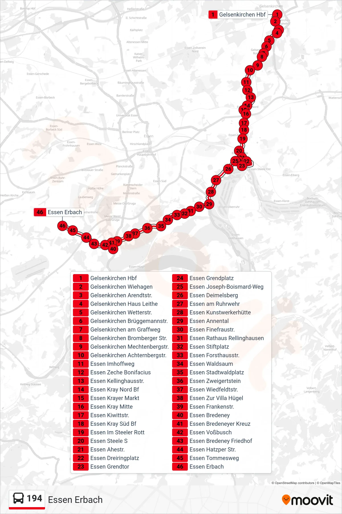 Linie 194 (Bus) Richtung Essen Erbach: Route und Haltestellen auf der Karte