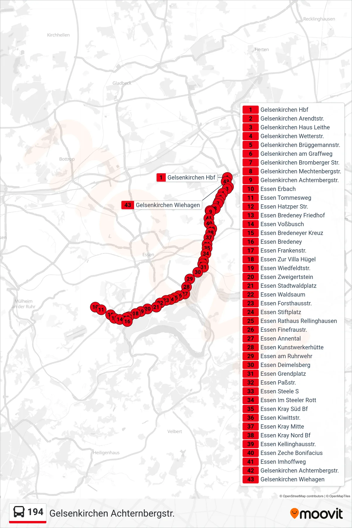 194 bus Line (Gelsenkirchen Achternbergstr.) route and stops on a map