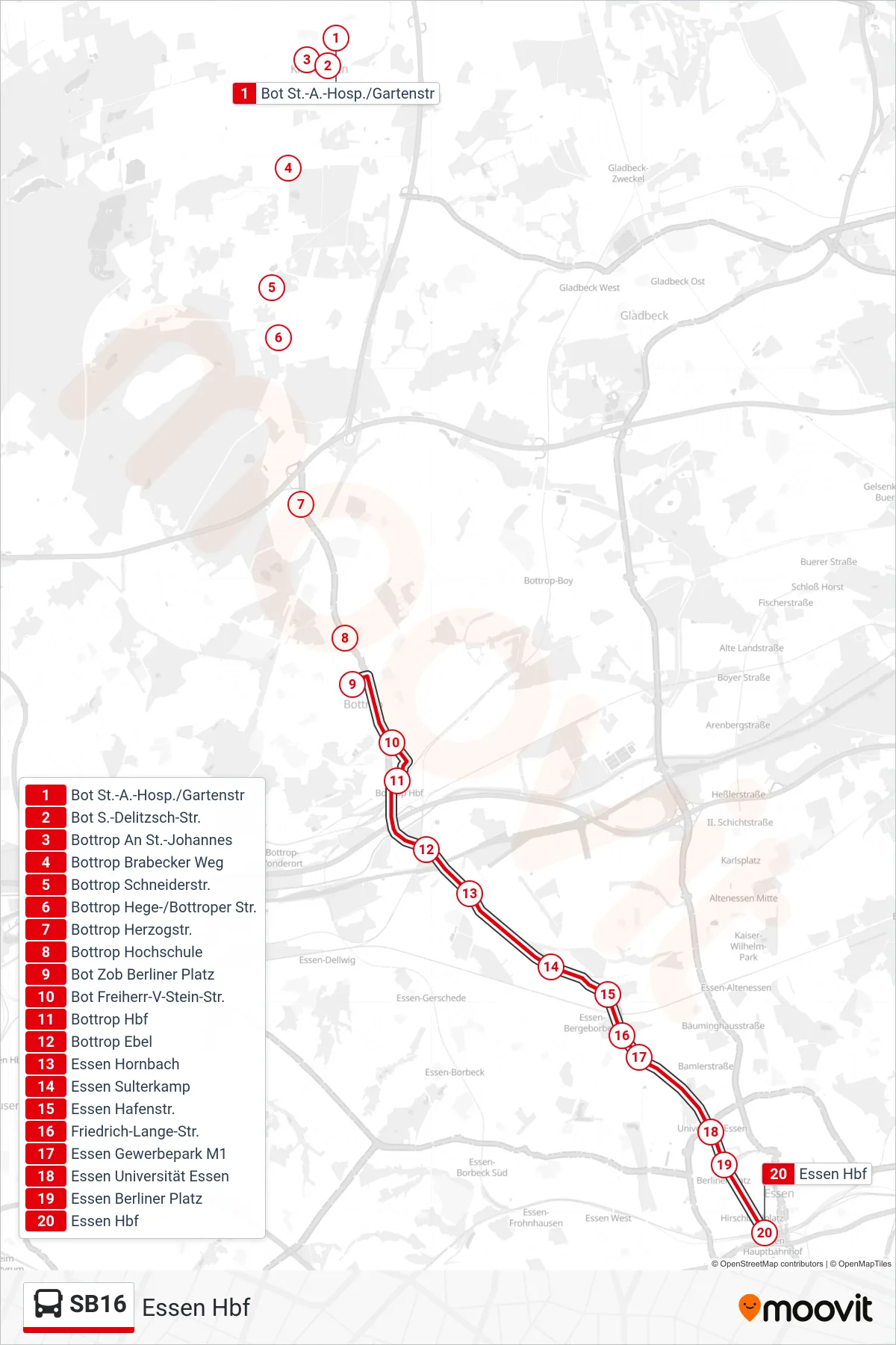 Linie SB16 (Bus) Richtung Essen Hbf: Route und Haltestellen auf der Karte