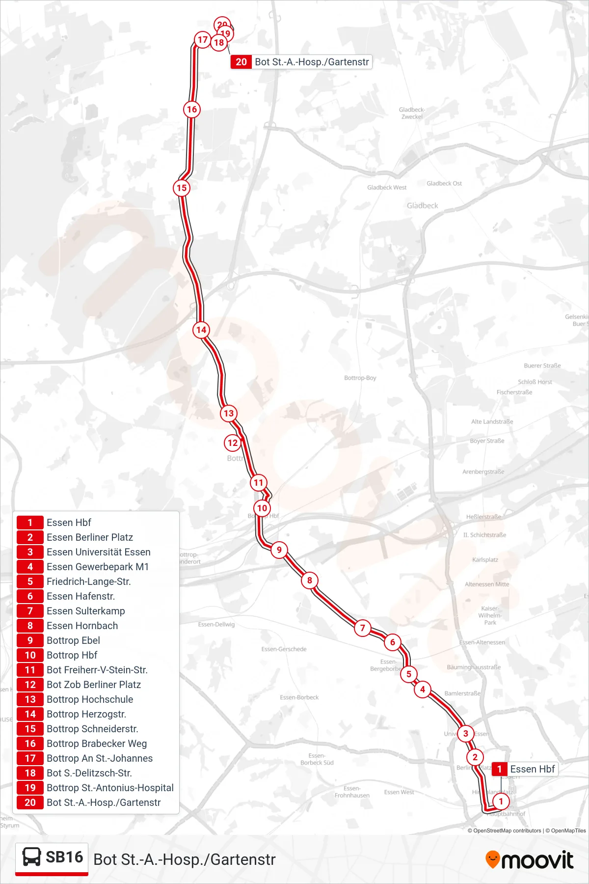 SB16 bus Line (Bot St.-A.-Hosp./Gartenstr) route and stops on a map